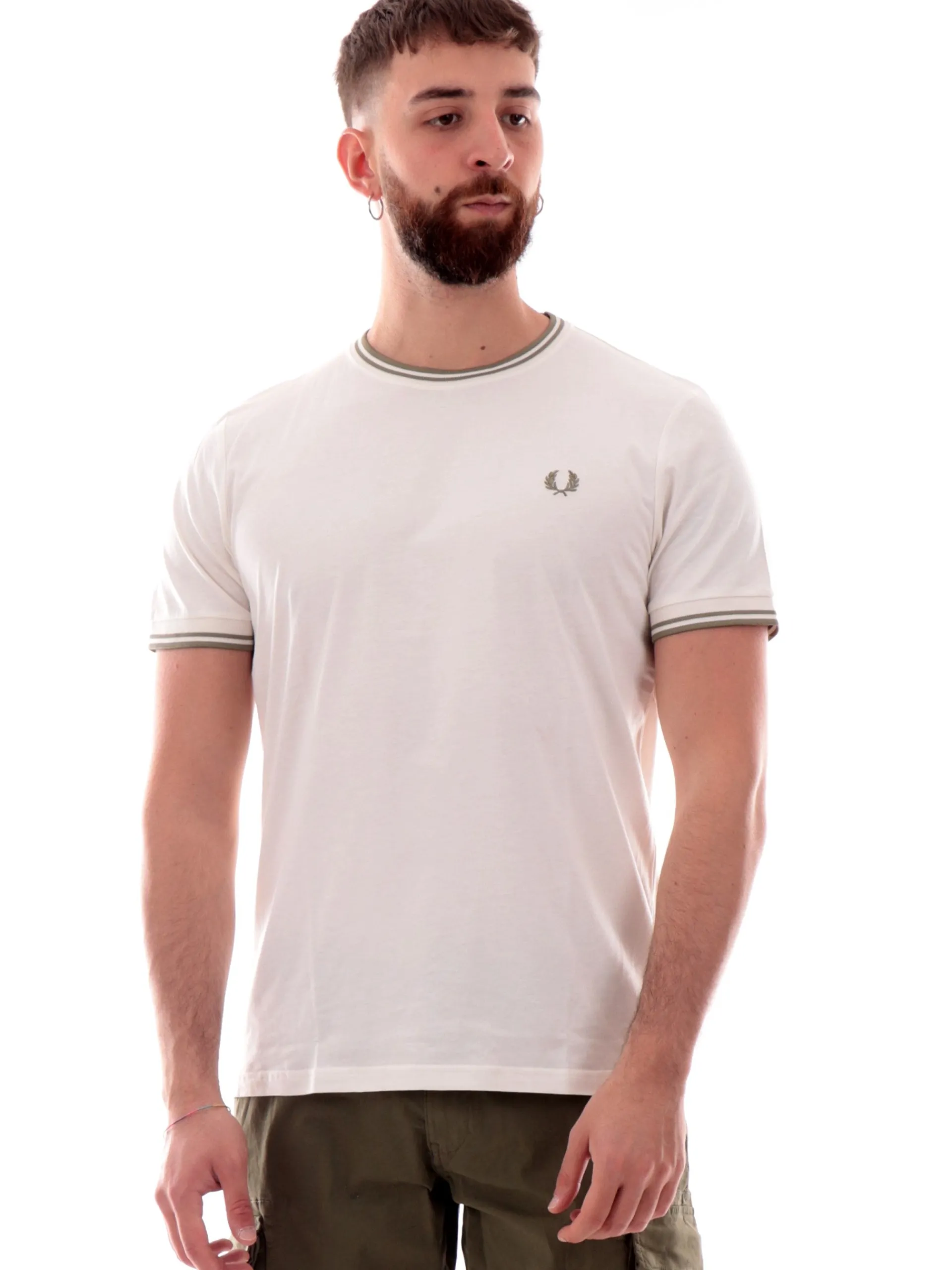 FRED PERRY T-Shirt*Maglia Twin Tipped bianca da uomo bande verdi militari M1588 Y54