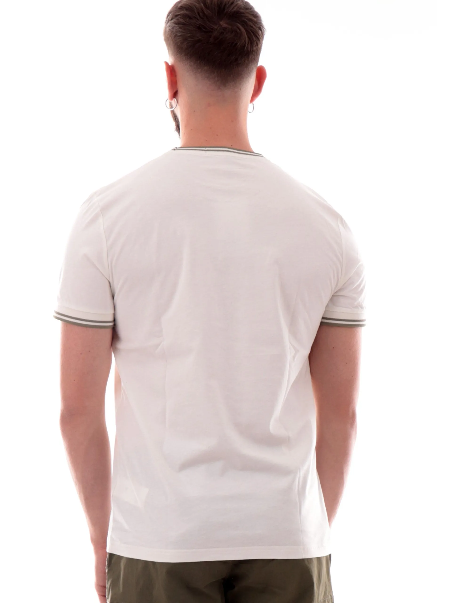 FRED PERRY T-Shirt*Maglia Twin Tipped bianca da uomo bande verdi militari M1588 Y54