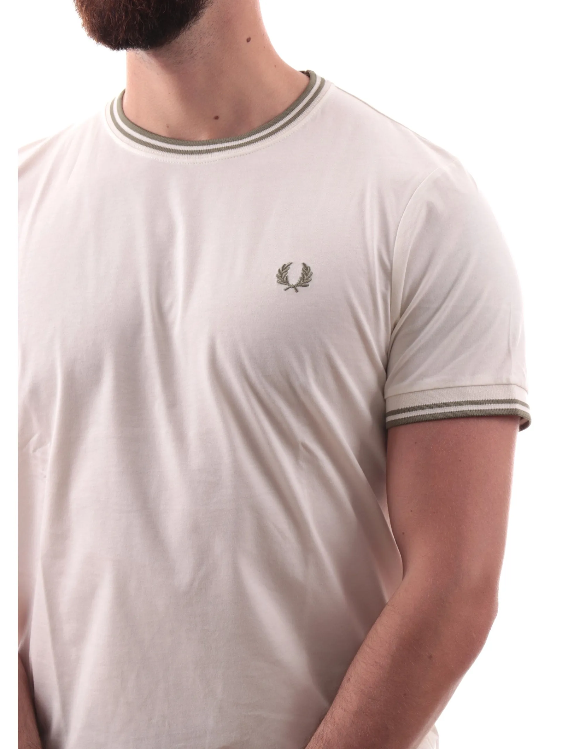 FRED PERRY T-Shirt*Maglia Twin Tipped bianca da uomo bande verdi militari M1588 Y54