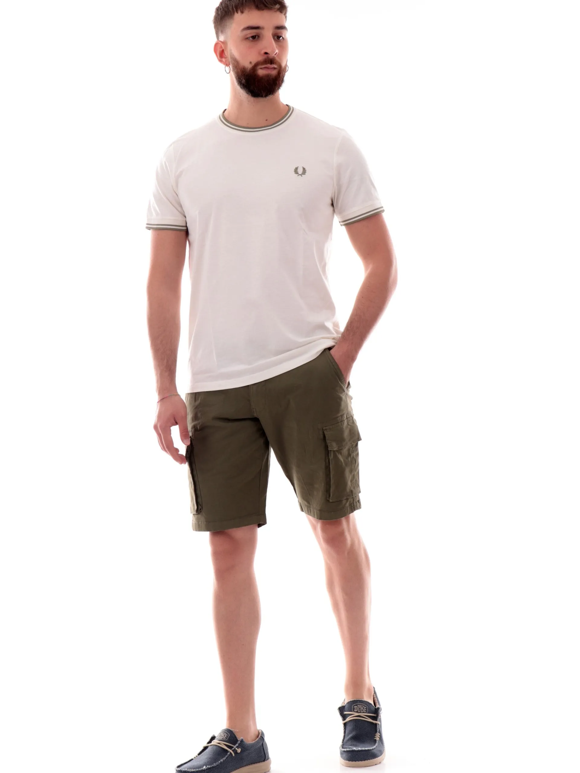 FRED PERRY T-Shirt*Maglia Twin Tipped bianca da uomo bande verdi militari M1588 Y54