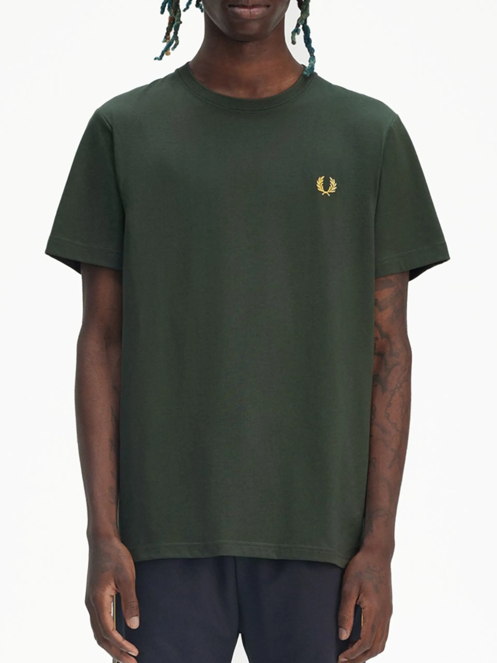 FRED PERRY T-Shirt*Maglia verde da uomo logo oro Crew Neck M1600