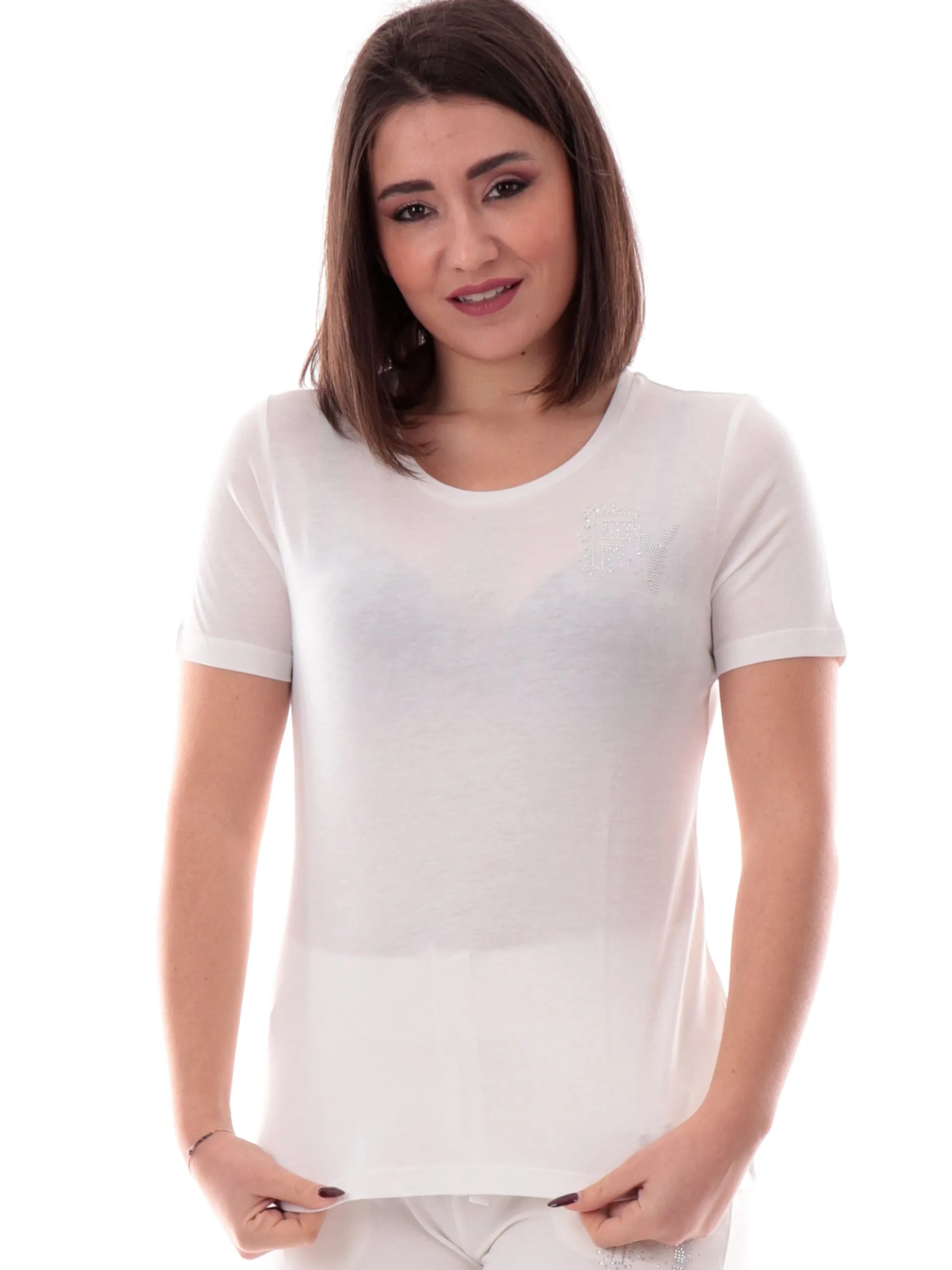 FREDDY T-Shirt*Maglia bianca da donna logo con strass lato cuore S25WCXT3