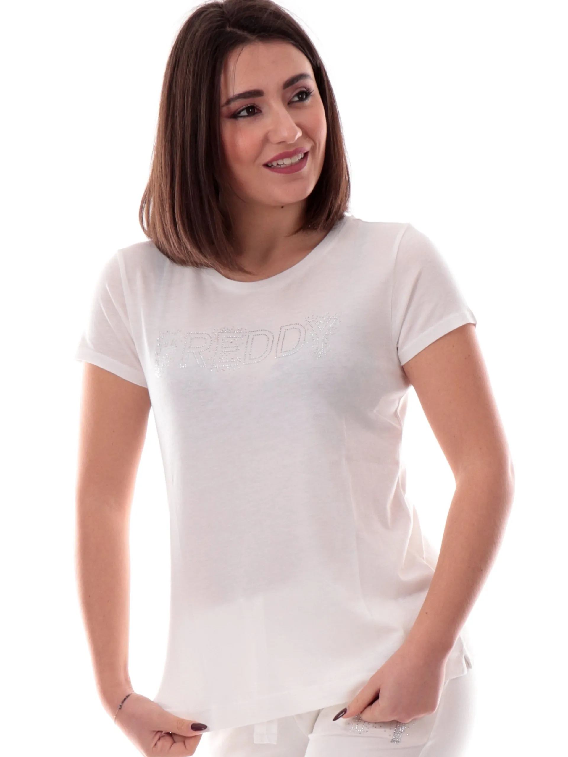 FREDDY T-Shirt*Maglia bianca da donna maxi logo con strass S25WCXT1