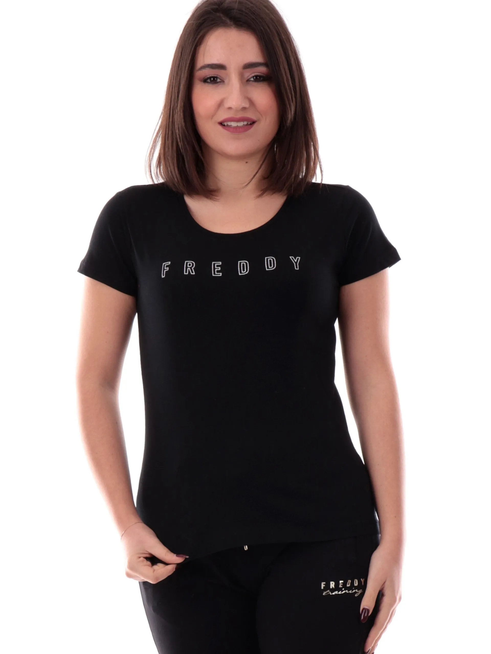 FREDDY T-Shirt*Maglia nera da donna logo con glitter S25WCYLT1