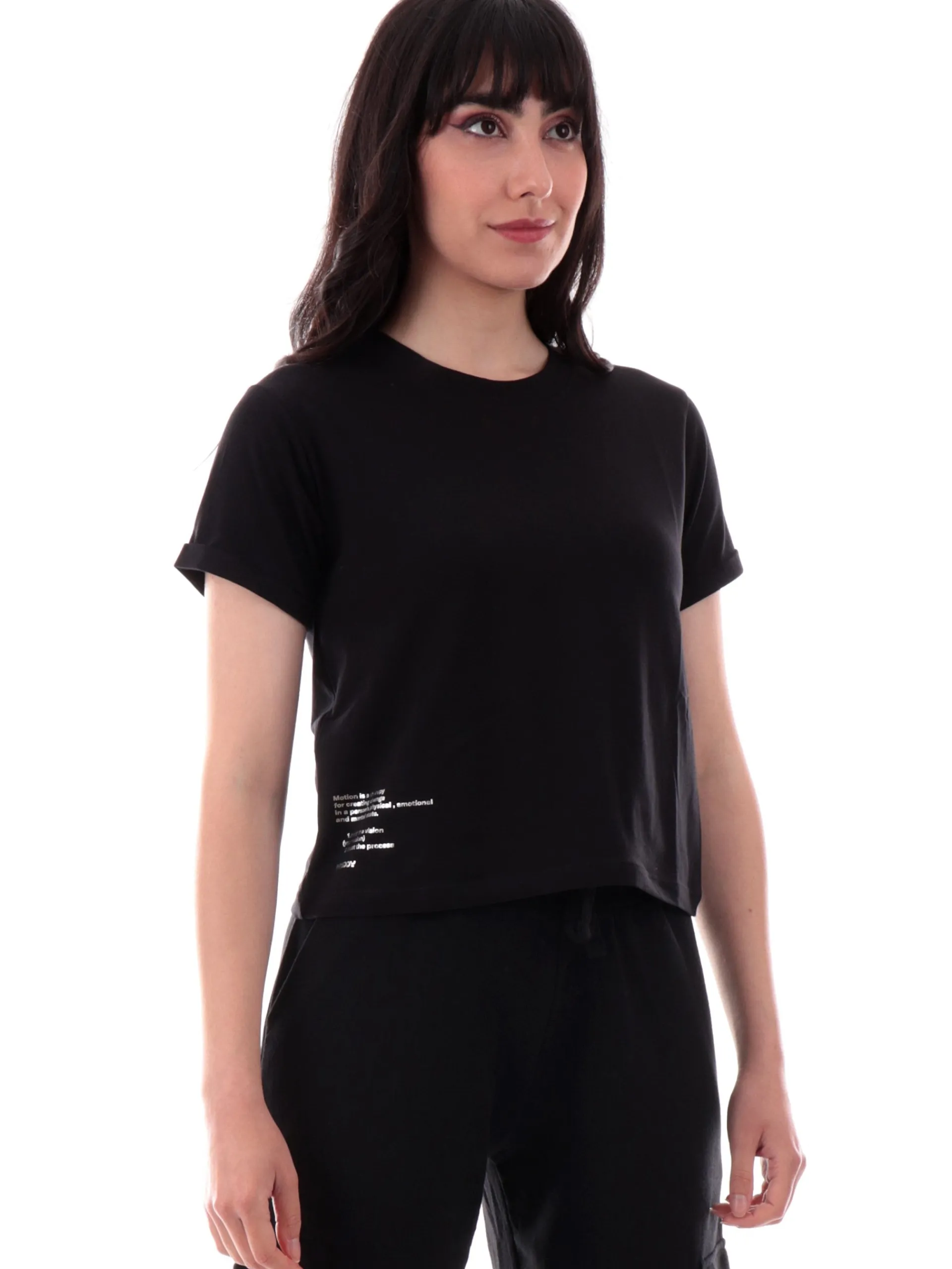 FREDDY T-Shirt*Maglia nera girocollo da donna maniche con risvolto S25WMCT6