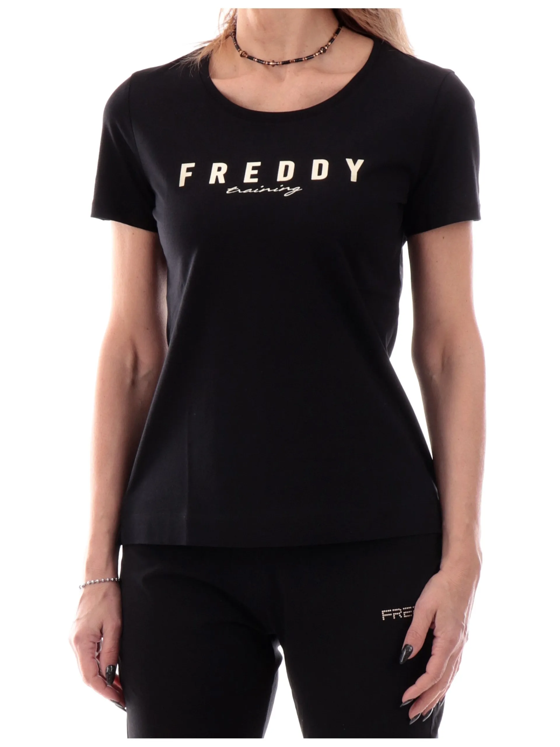 FREDDY T-Shirt*Maglia nera girocollo da donna stampa oro S25WTRT2