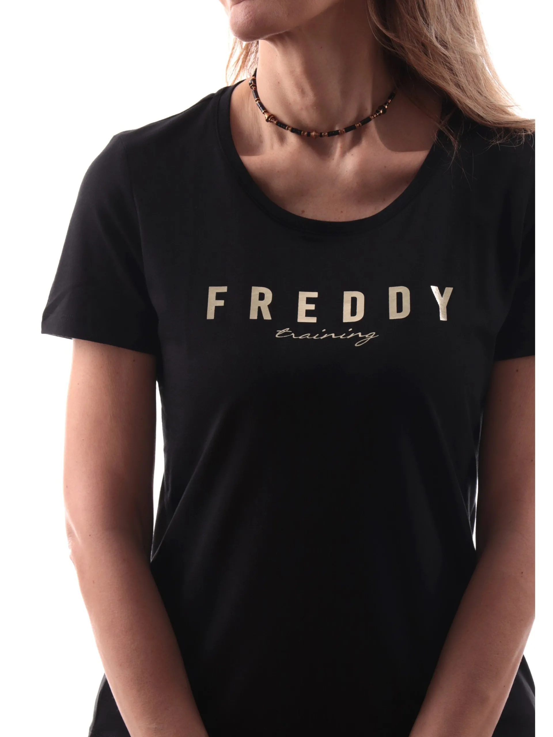 FREDDY T-Shirt*Maglia nera girocollo da donna stampa oro S25WTRT2