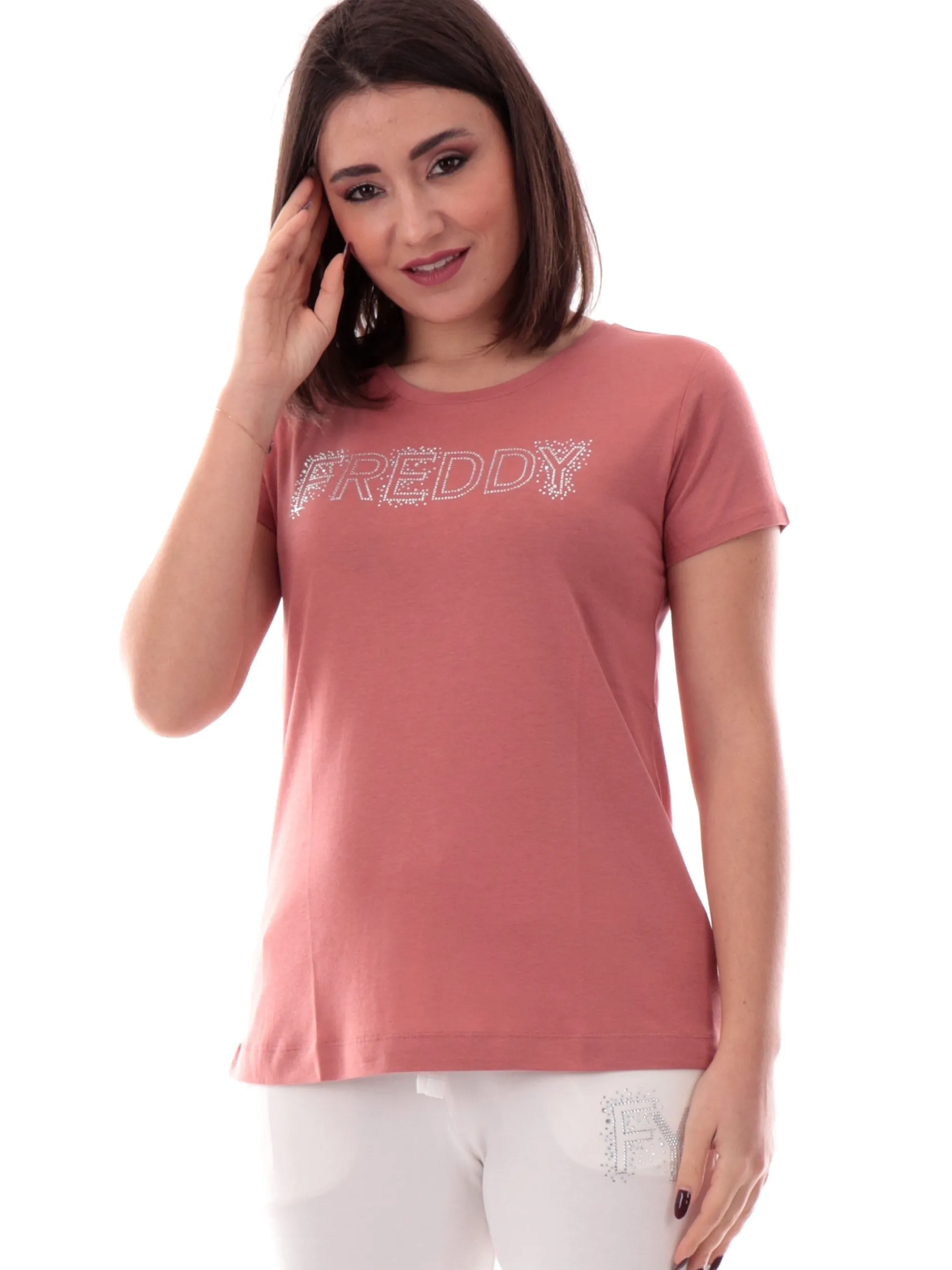 FREDDY T-Shirt*Maglia rosa salmone da donna maxi logo con strass S25WCXT1