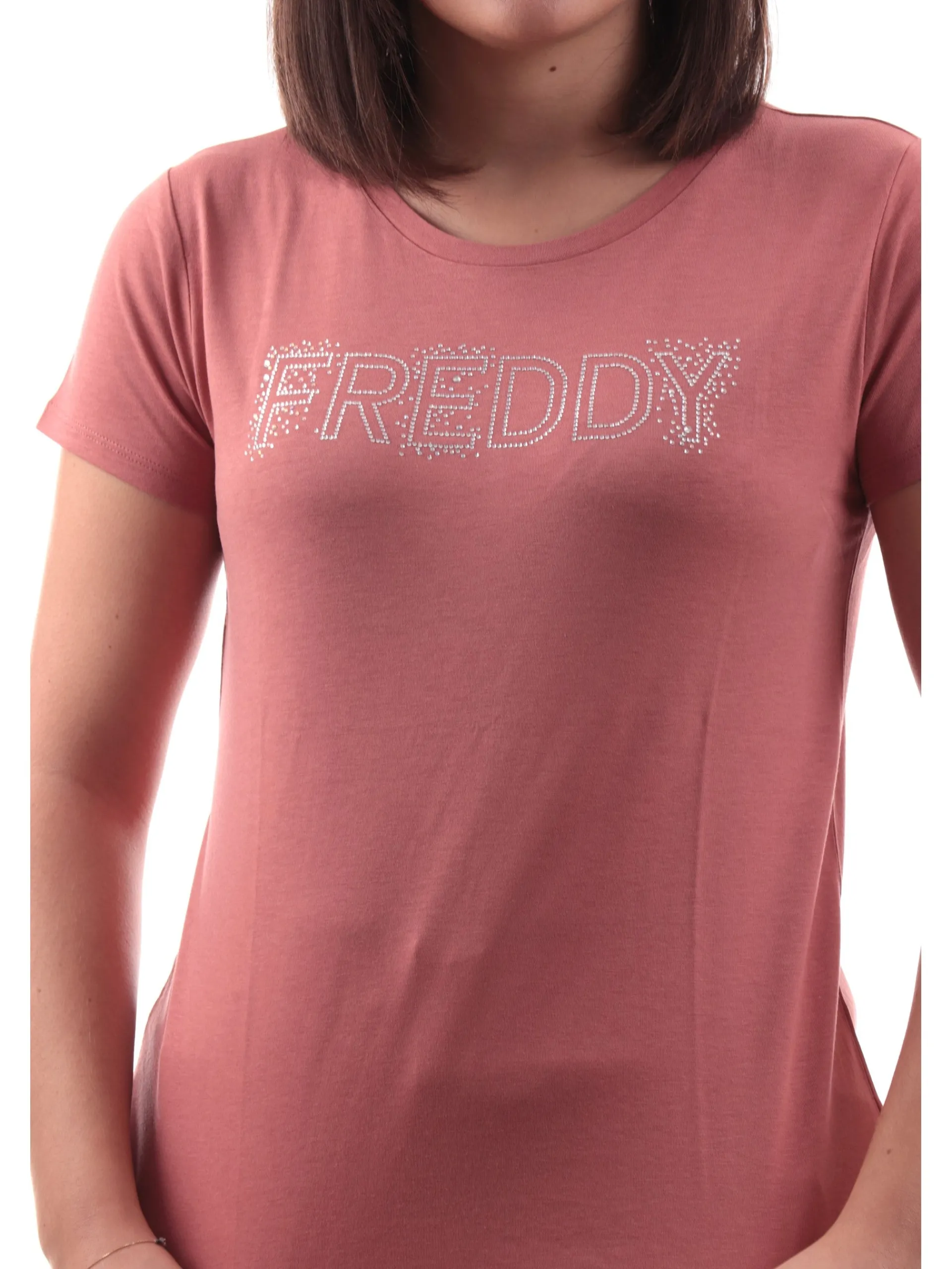 FREDDY T-Shirt*Maglia rosa salmone da donna maxi logo con strass S25WCXT1