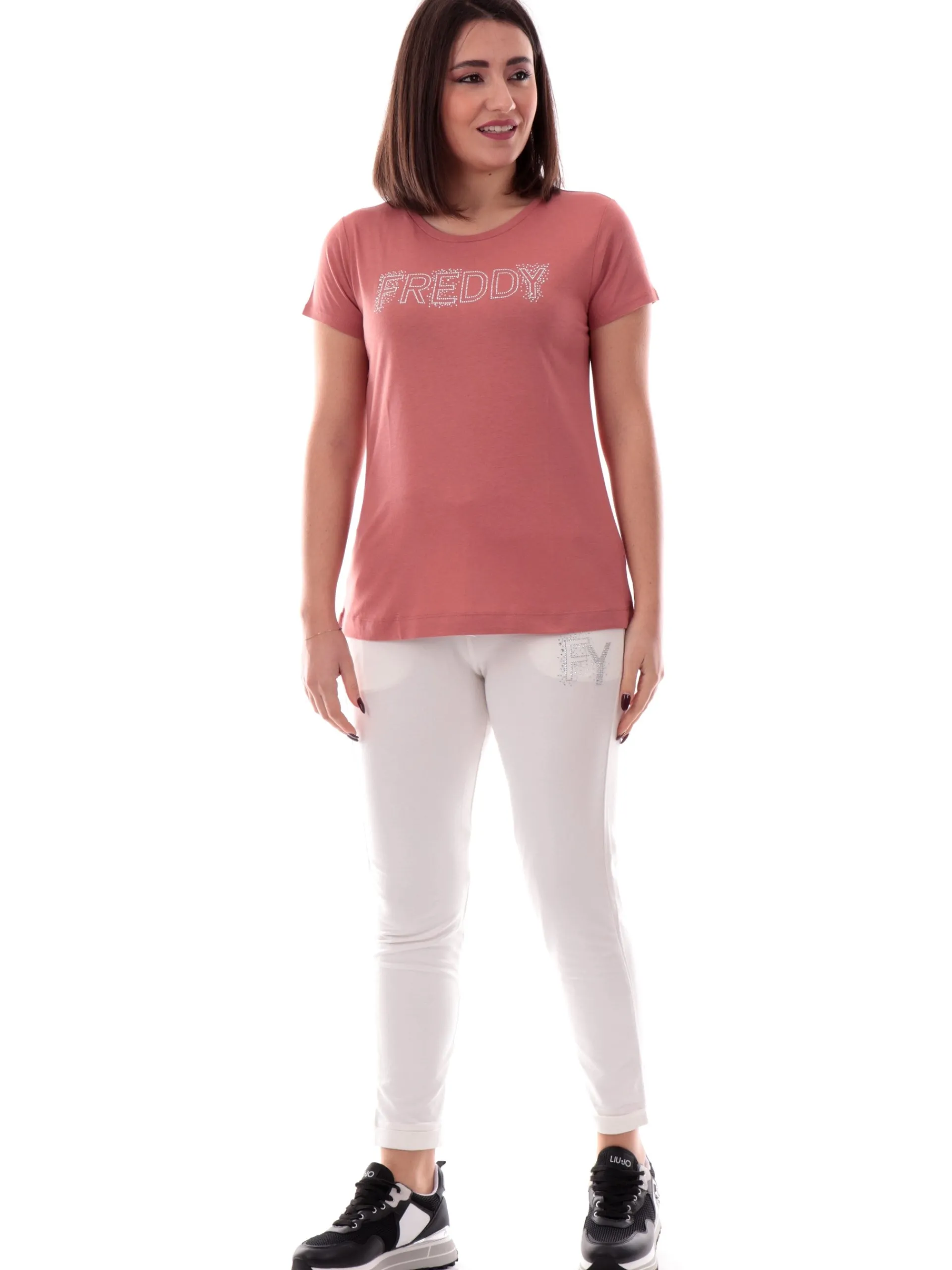 FREDDY T-Shirt*Maglia rosa salmone da donna maxi logo con strass S25WCXT1