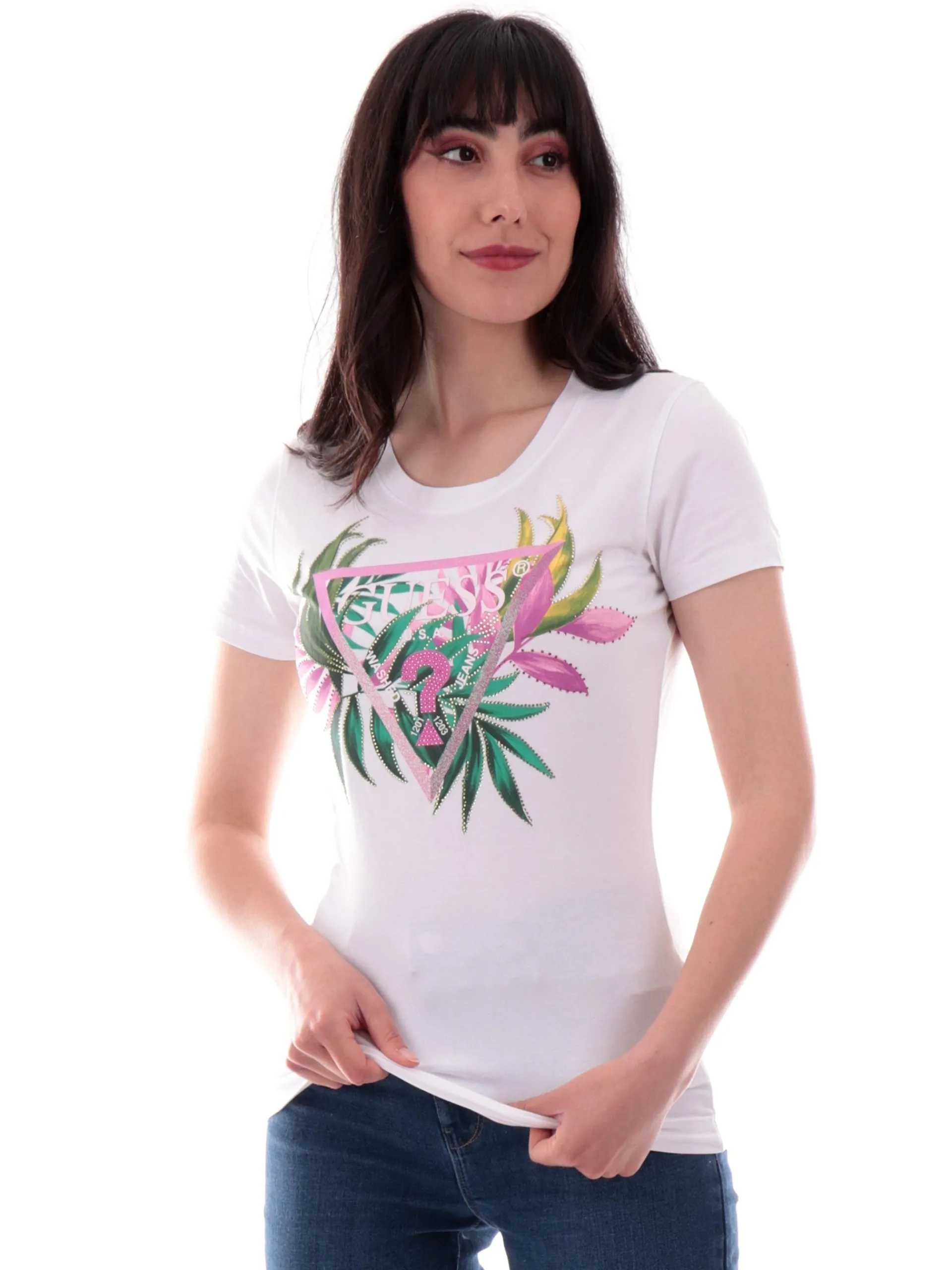 GUESS T-Shirt*Maglia bianca Leaf Triangle da donna W5GI07J1314