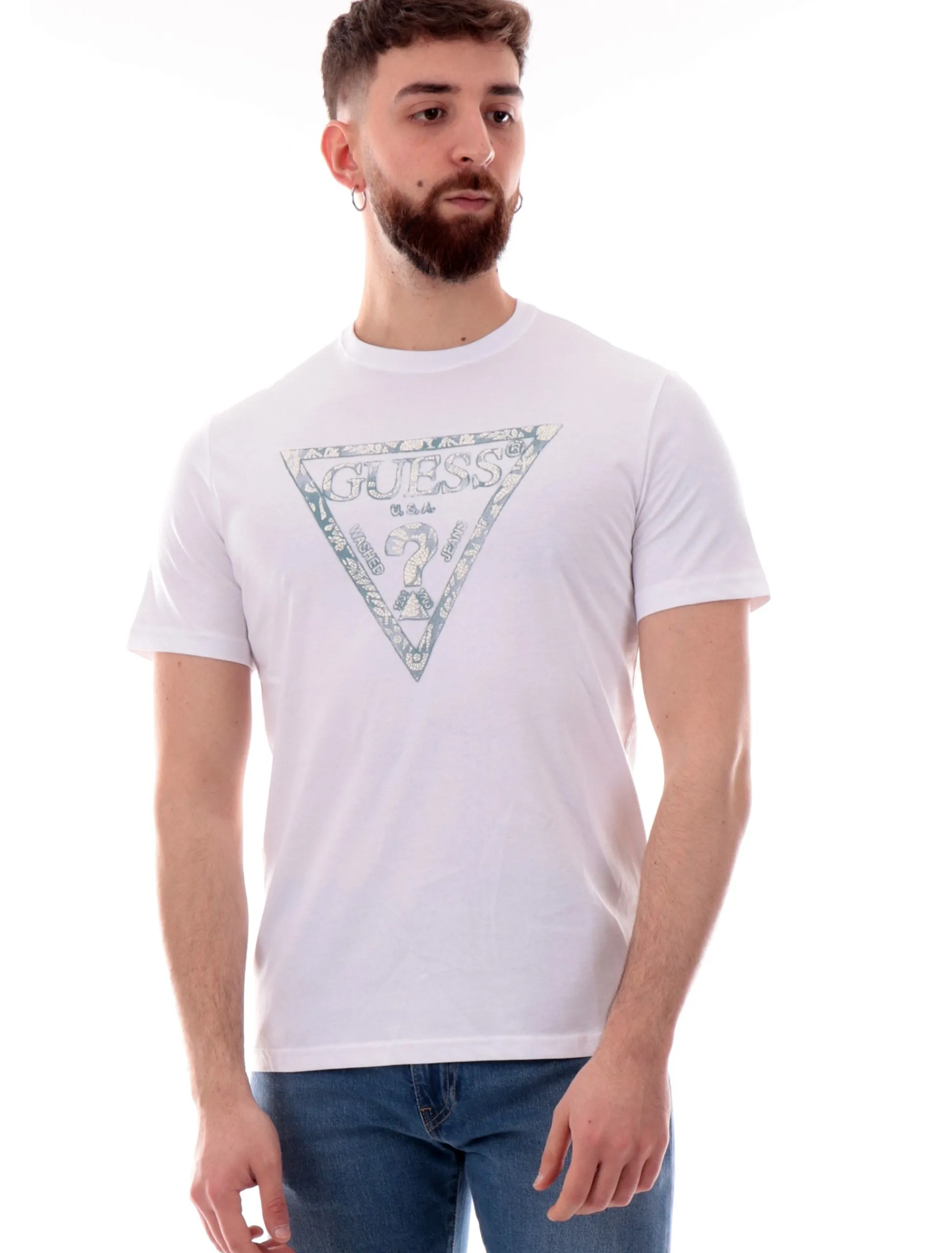 GUESS T-Shirt*Maglia bianca maxi logo da uomo Triangle M5GI06I3Z14