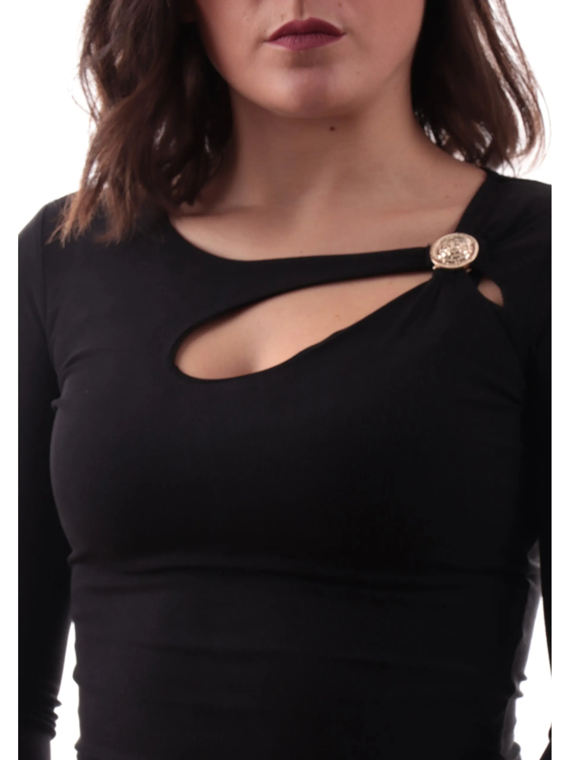 GUESS Maglie*Maglia con spacco nera da donna bottone oro decorativo W5RP12KAQL2