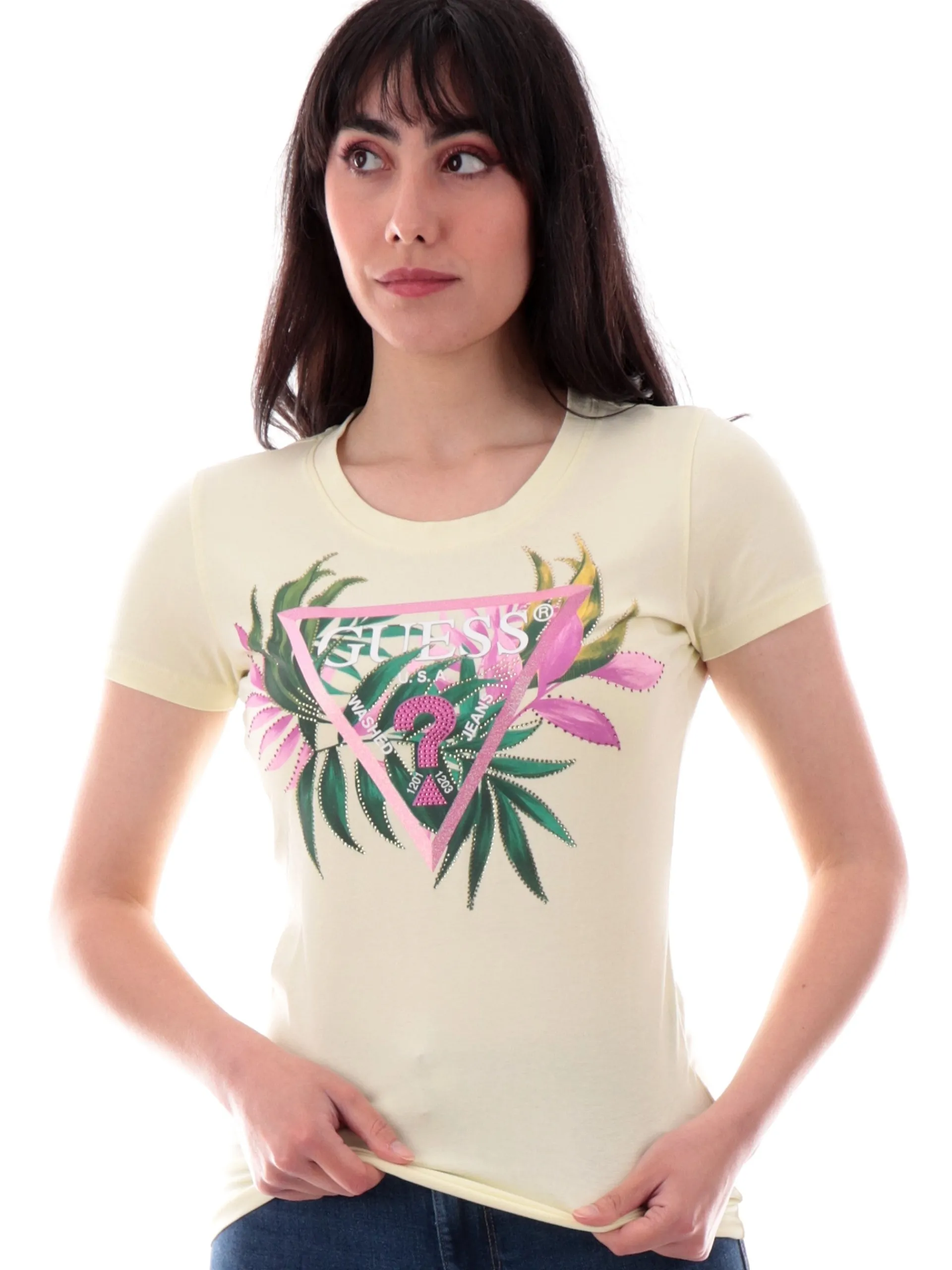 GUESS T-Shirt*Maglia gialla Leaf Triangle da donna W5GI07J1314
