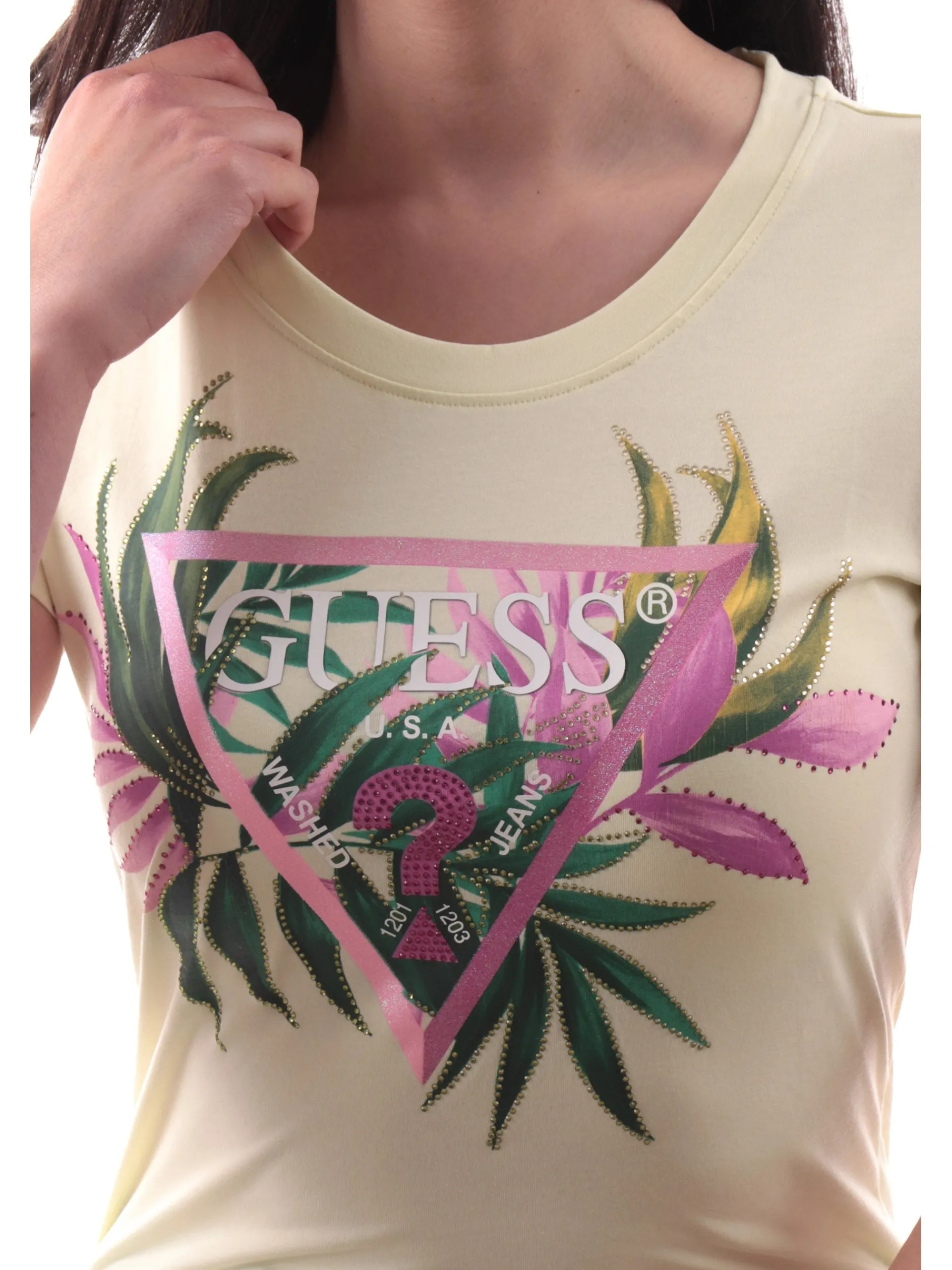 GUESS T-Shirt*Maglia gialla Leaf Triangle da donna W5GI07J1314