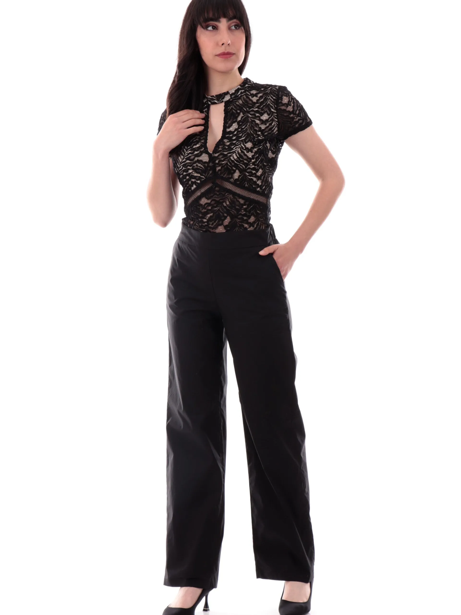 GUESS Maglie*Maglia nera da donna realizzato pizzo nero e nude scollo a V Joelle Girly Lace top W5GP12KCS90