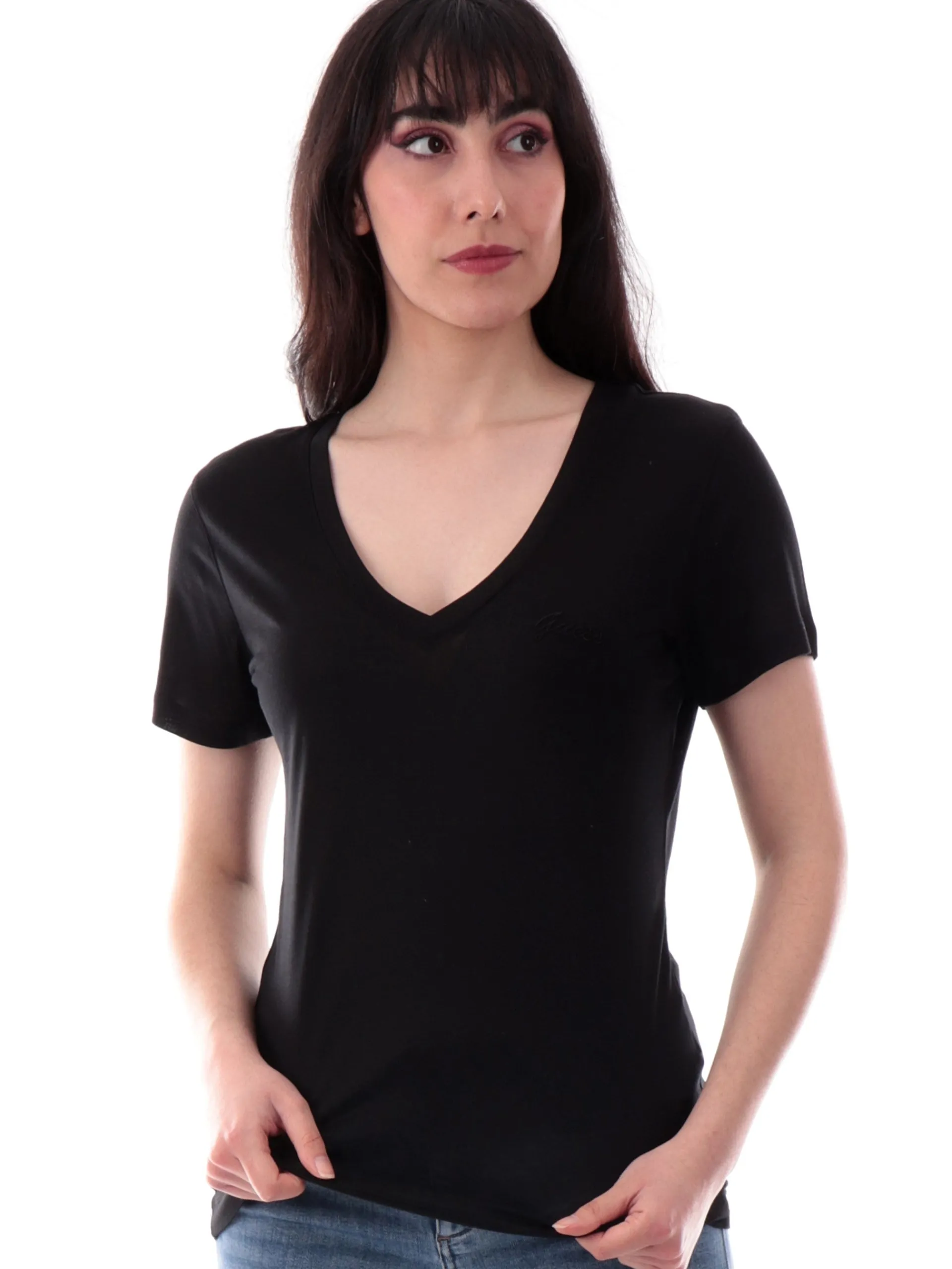 GUESS T-Shirt*Maglia nera scollo a V da donna logo ricamato W5GP31KCSX2