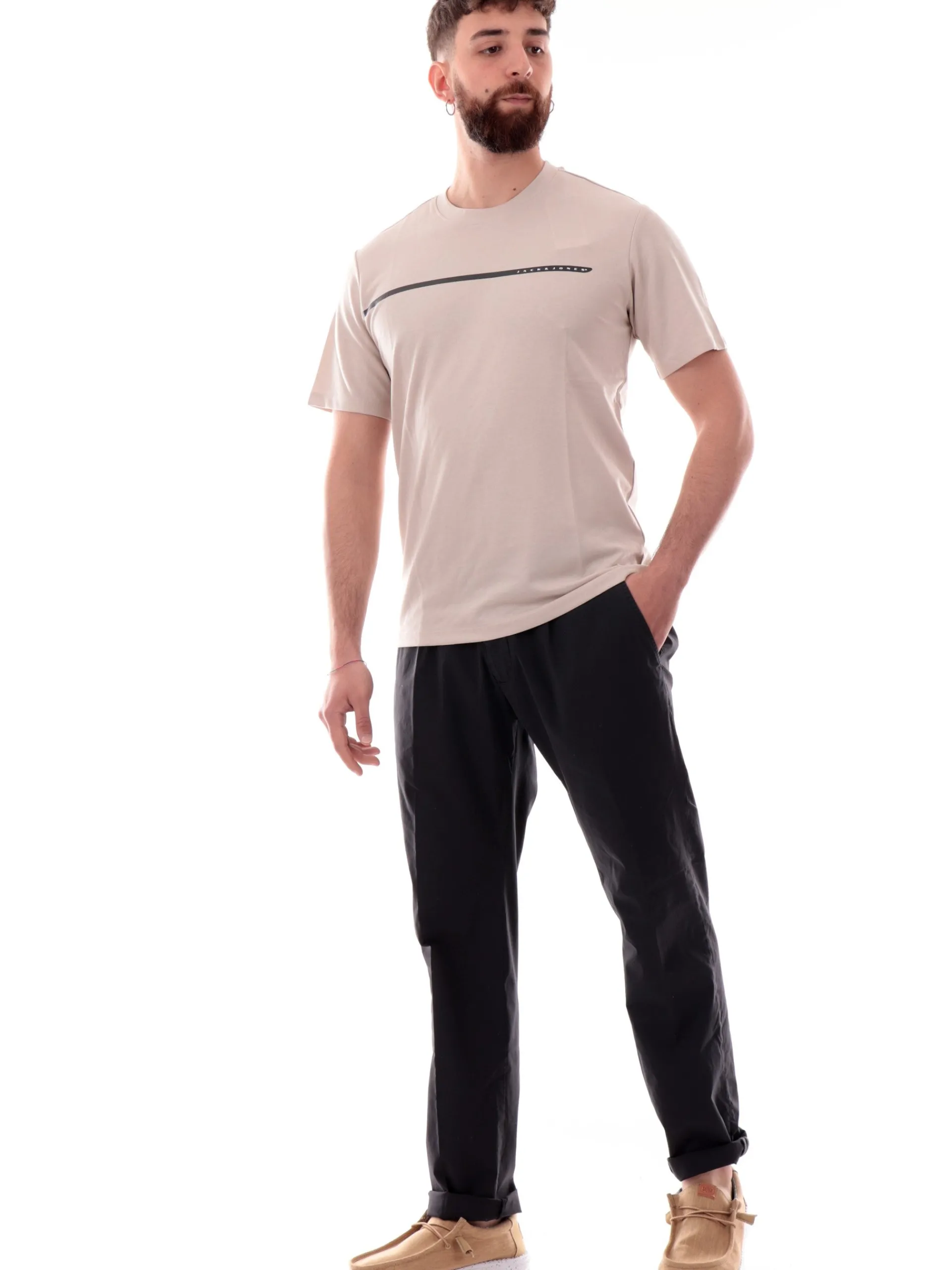JACK&JONES T-Shirt*Maglia Jack Jones beige da uomo con logo gommato 12273120