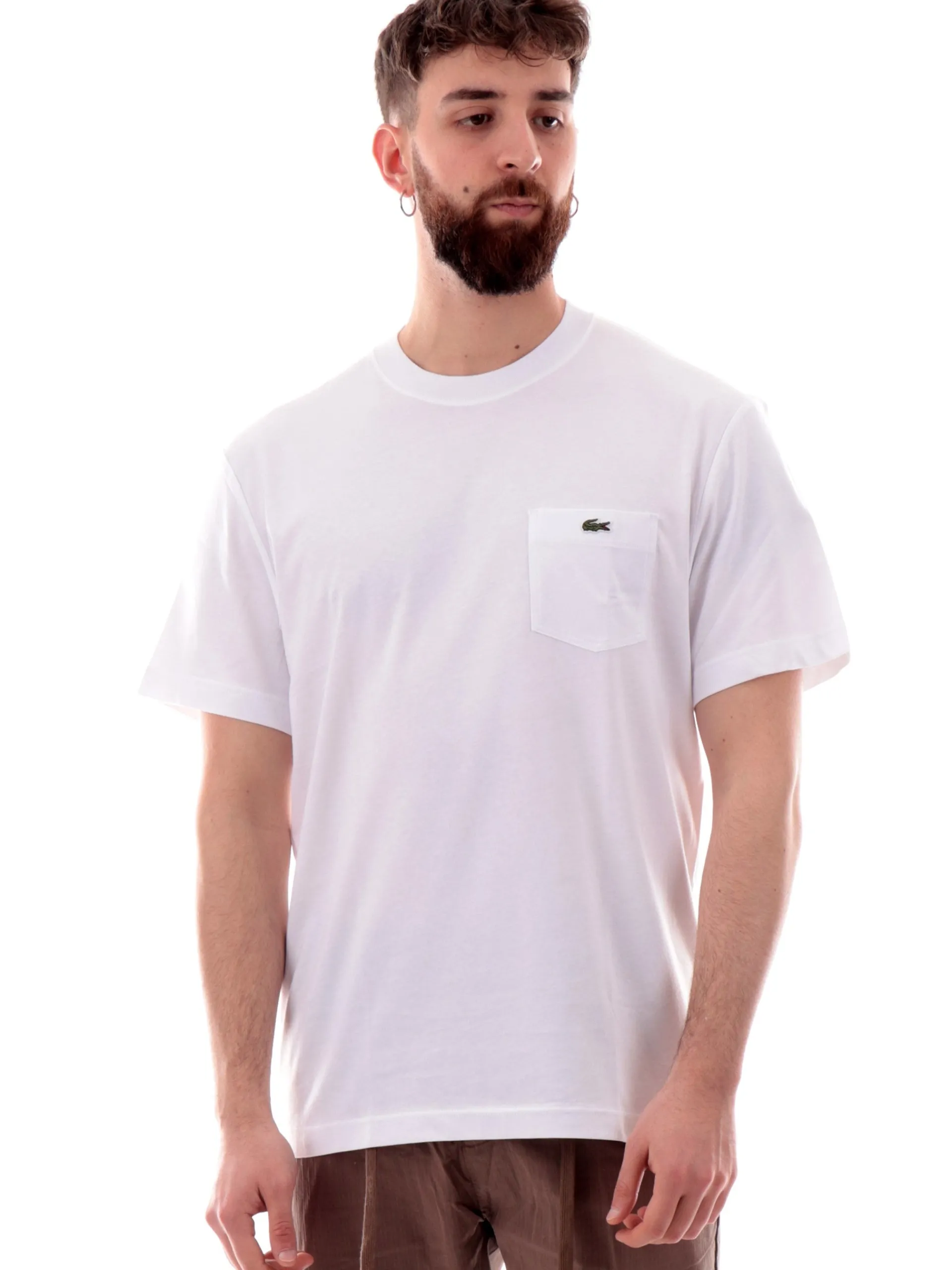 LACOSTE T-Shirt*Maglia bianca girocollo da uomo con taschino e coccodrillo TH2827