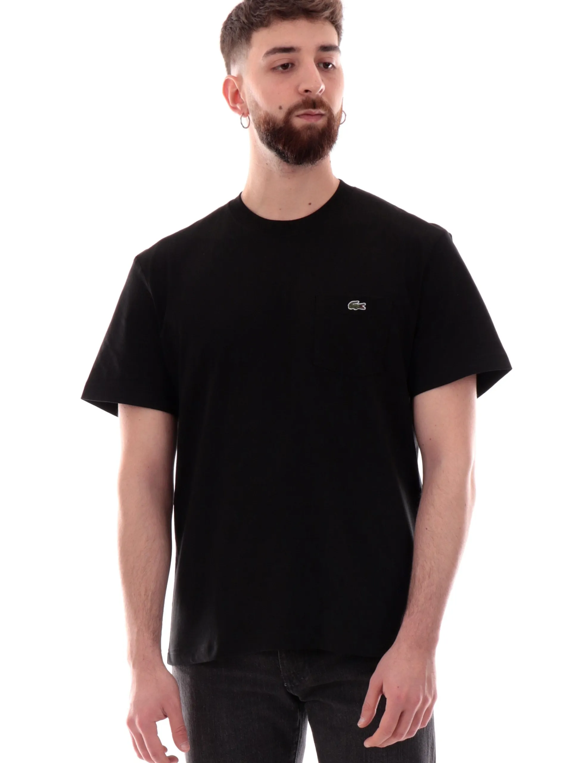 LACOSTE T-Shirt*Maglia nera girocollo da uomo con taschino e coccodrillo TH2827