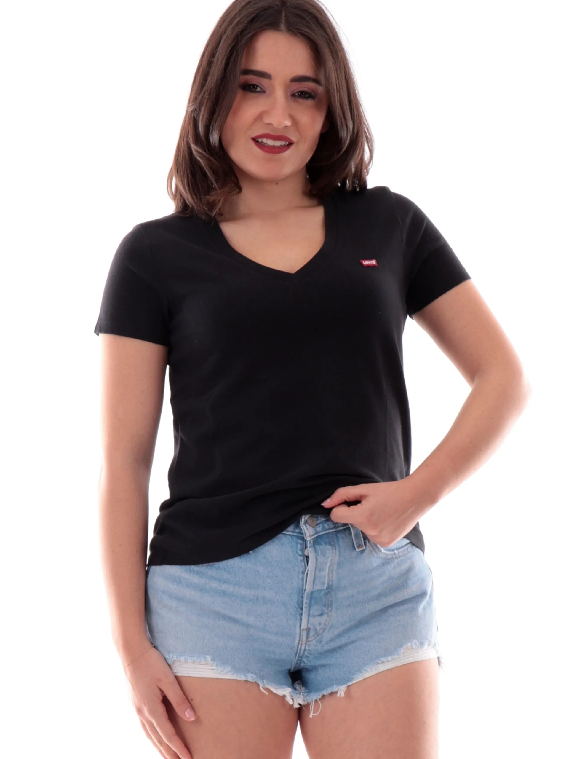 LEVIS T-Shirt*Maglia scollo a V nera da donna con patch rosso 8534100