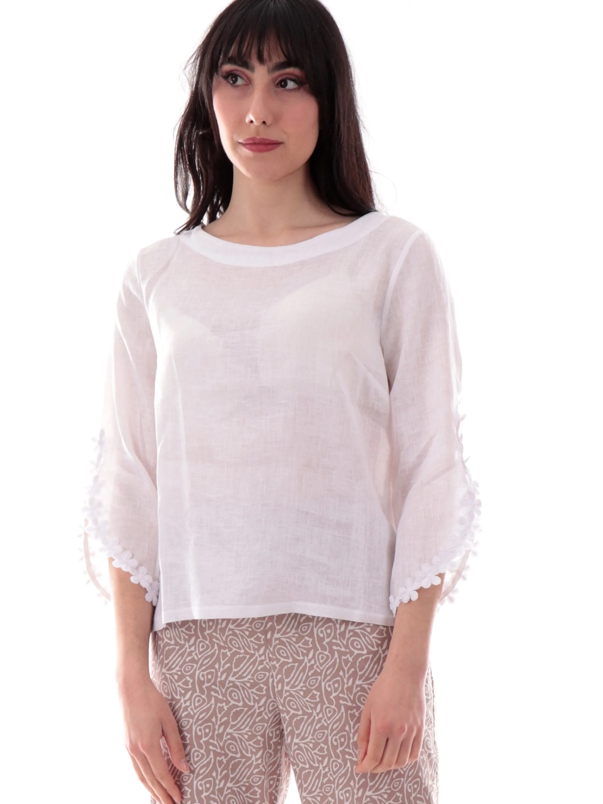 ANIS Maglie*Maglia lino bianca scollo a barca da donna maniche tre quarti 251C1525