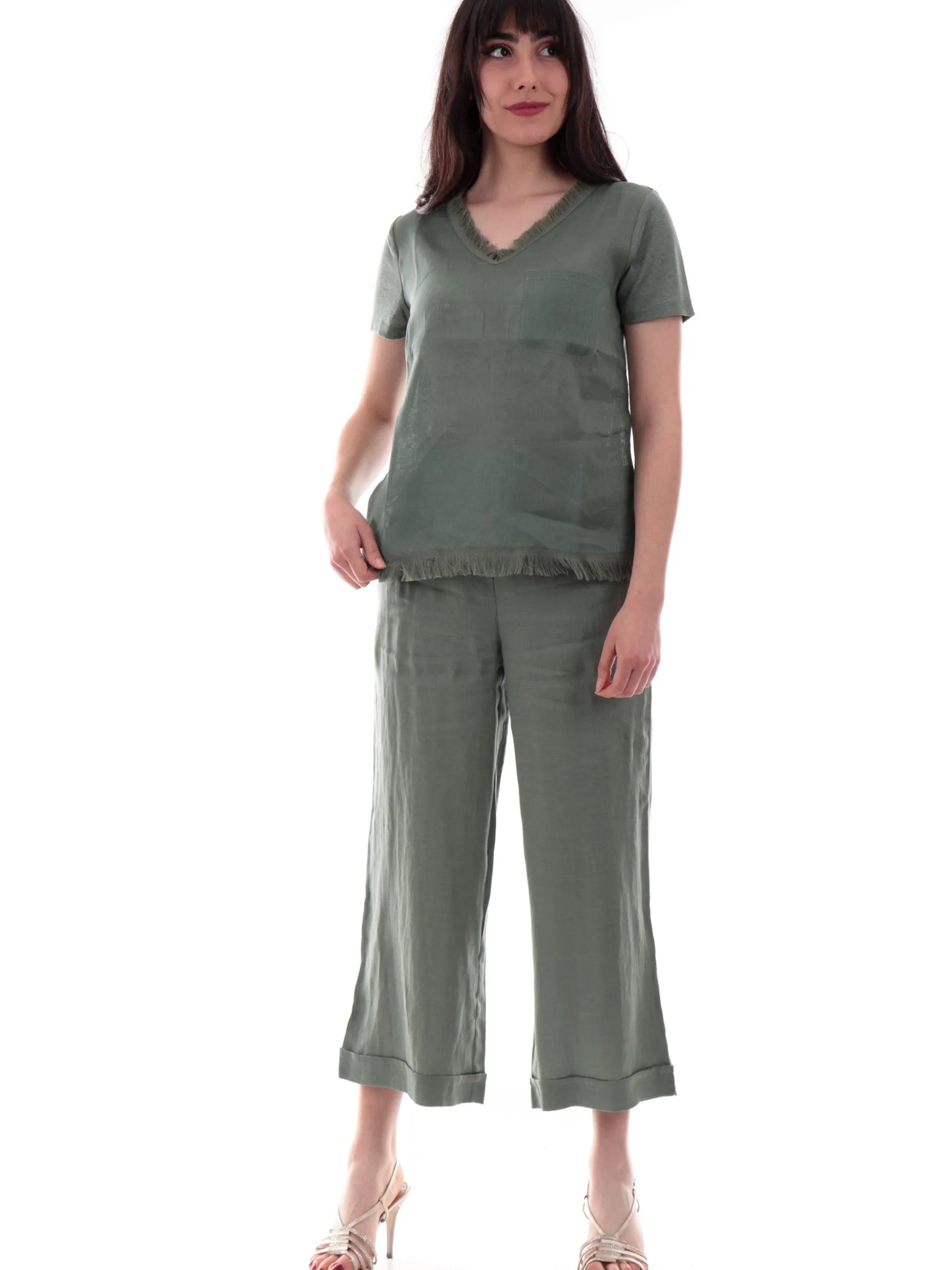 ANIS Maglie*Maglia lino scollo a V verde da donna con inserti sfrangiati 251C1466