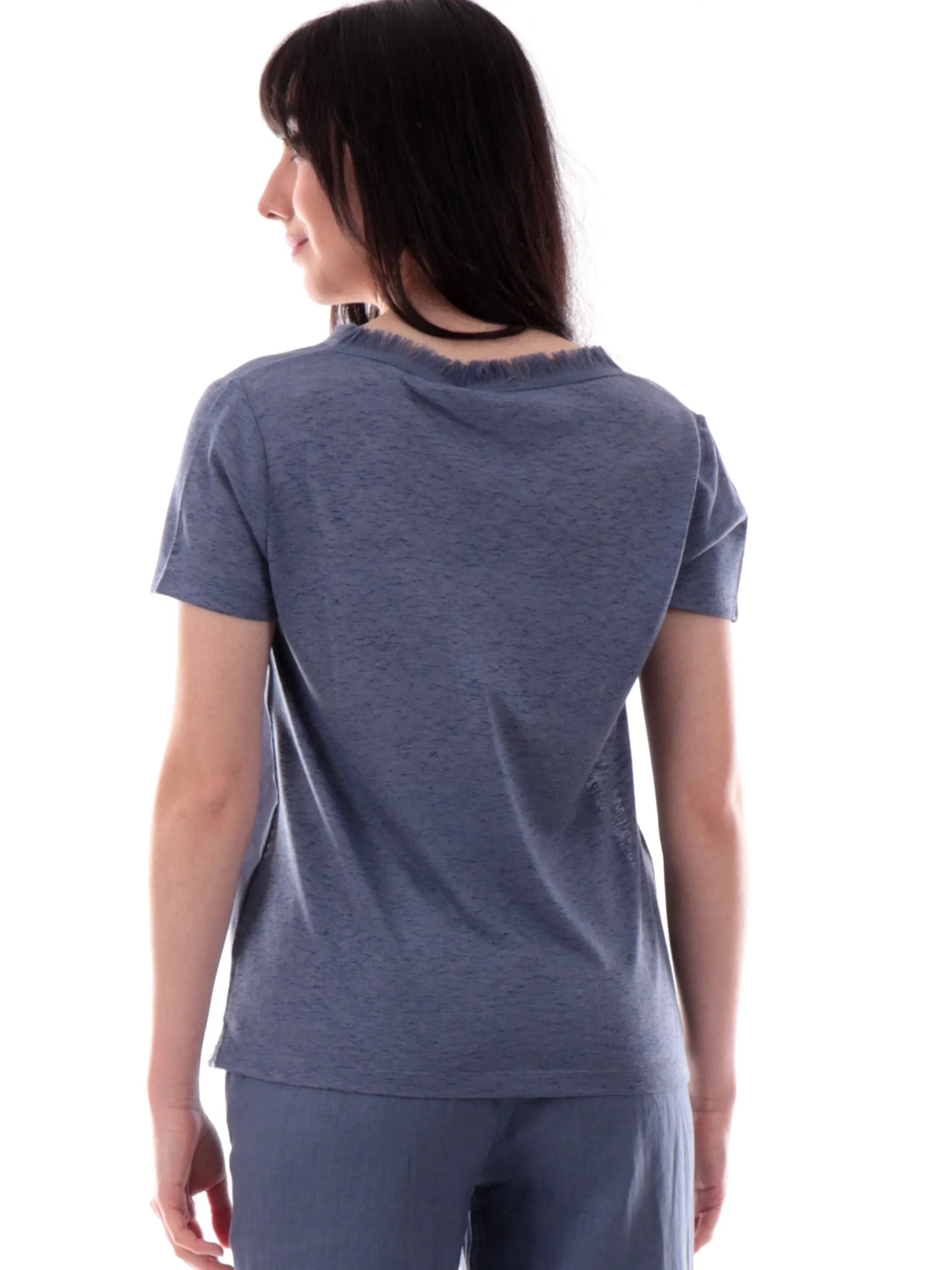 ANIS Maglie*Maglia lino scollo a V blu da donna con inserti sfrangiati 251C1466