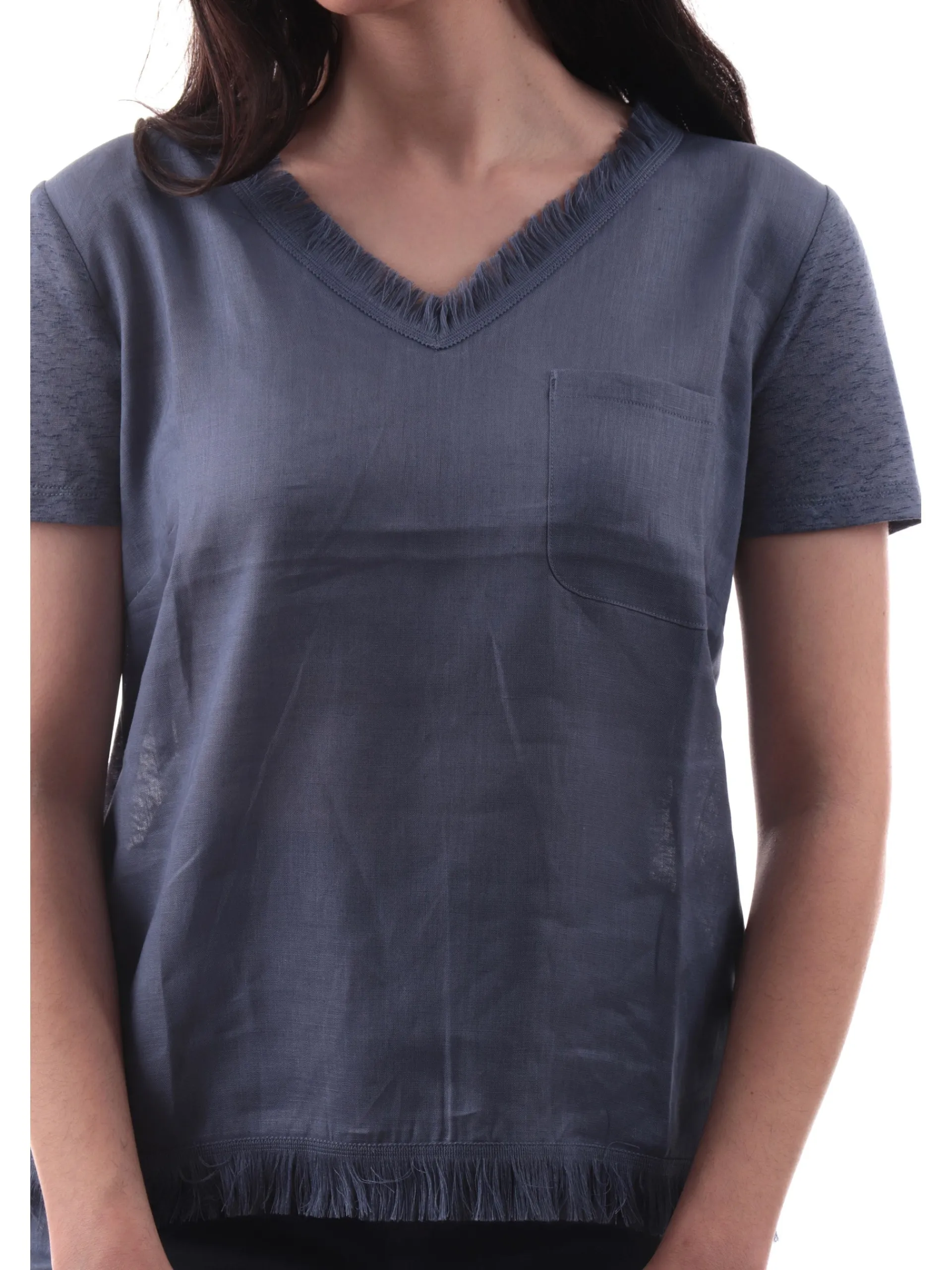 ANIS Maglie*Maglia lino scollo a V blu da donna con inserti sfrangiati 251C1466