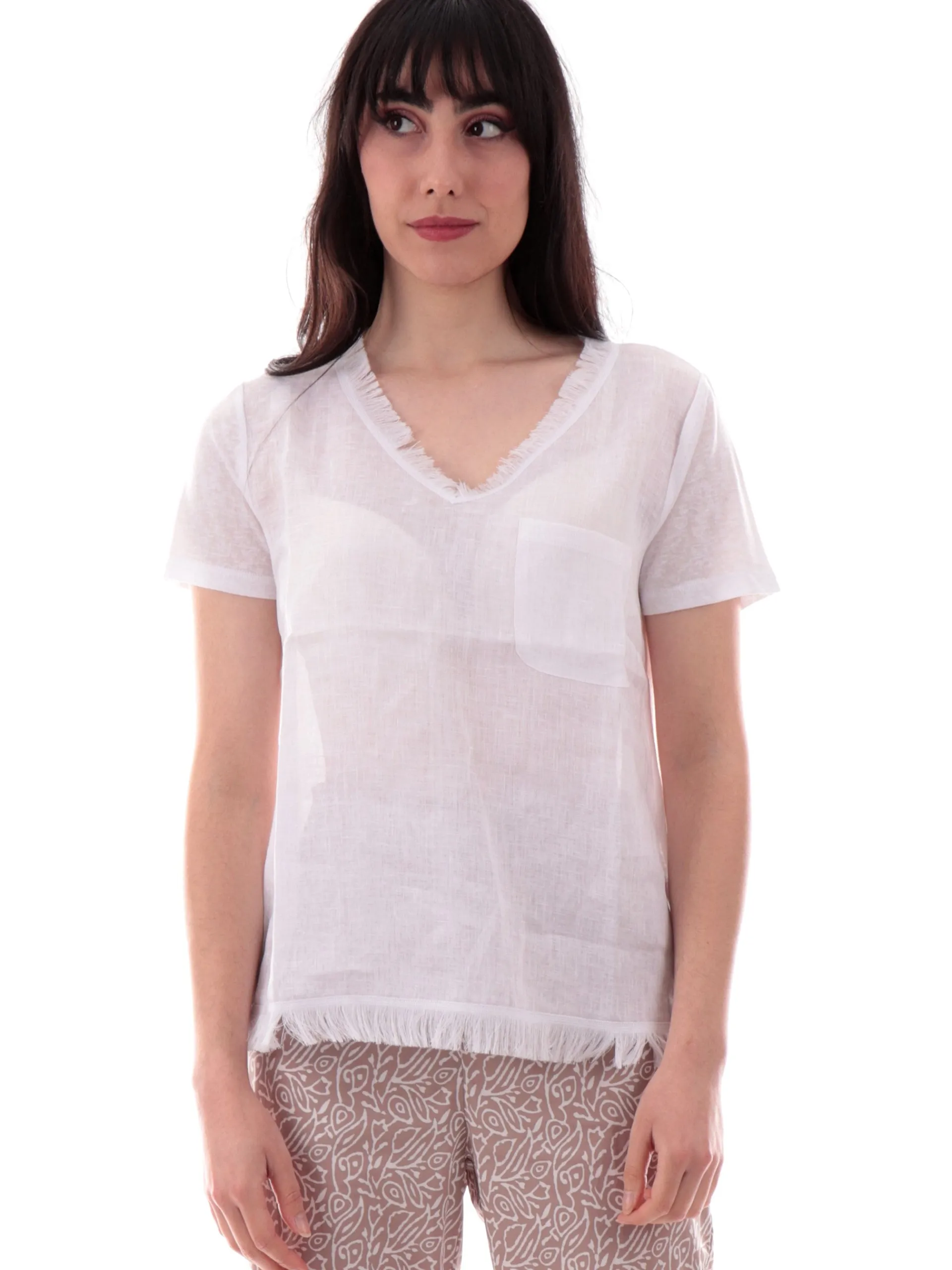 ANIS Maglie*Maglia lino scollo a V bianca da donna con inserti sfrangiati 251C1466