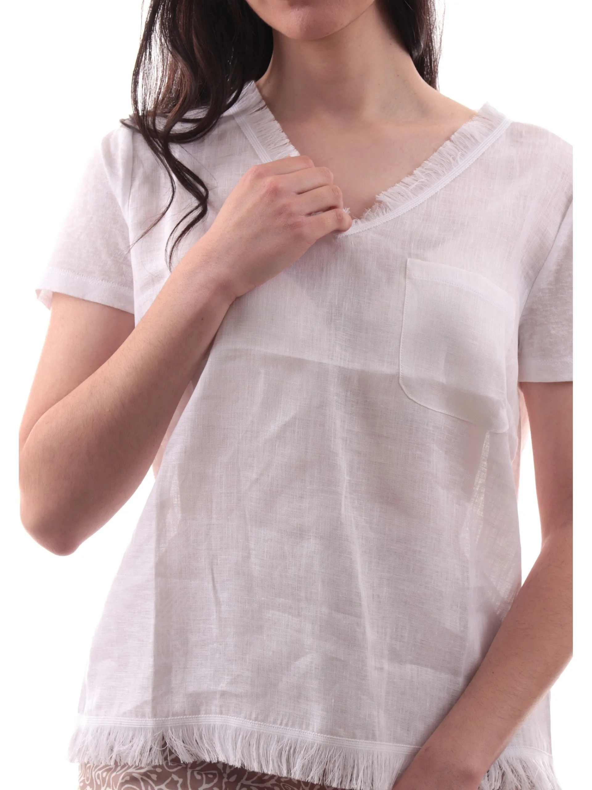 ANIS Maglie*Maglia lino scollo a V bianca da donna con inserti sfrangiati 251C1466