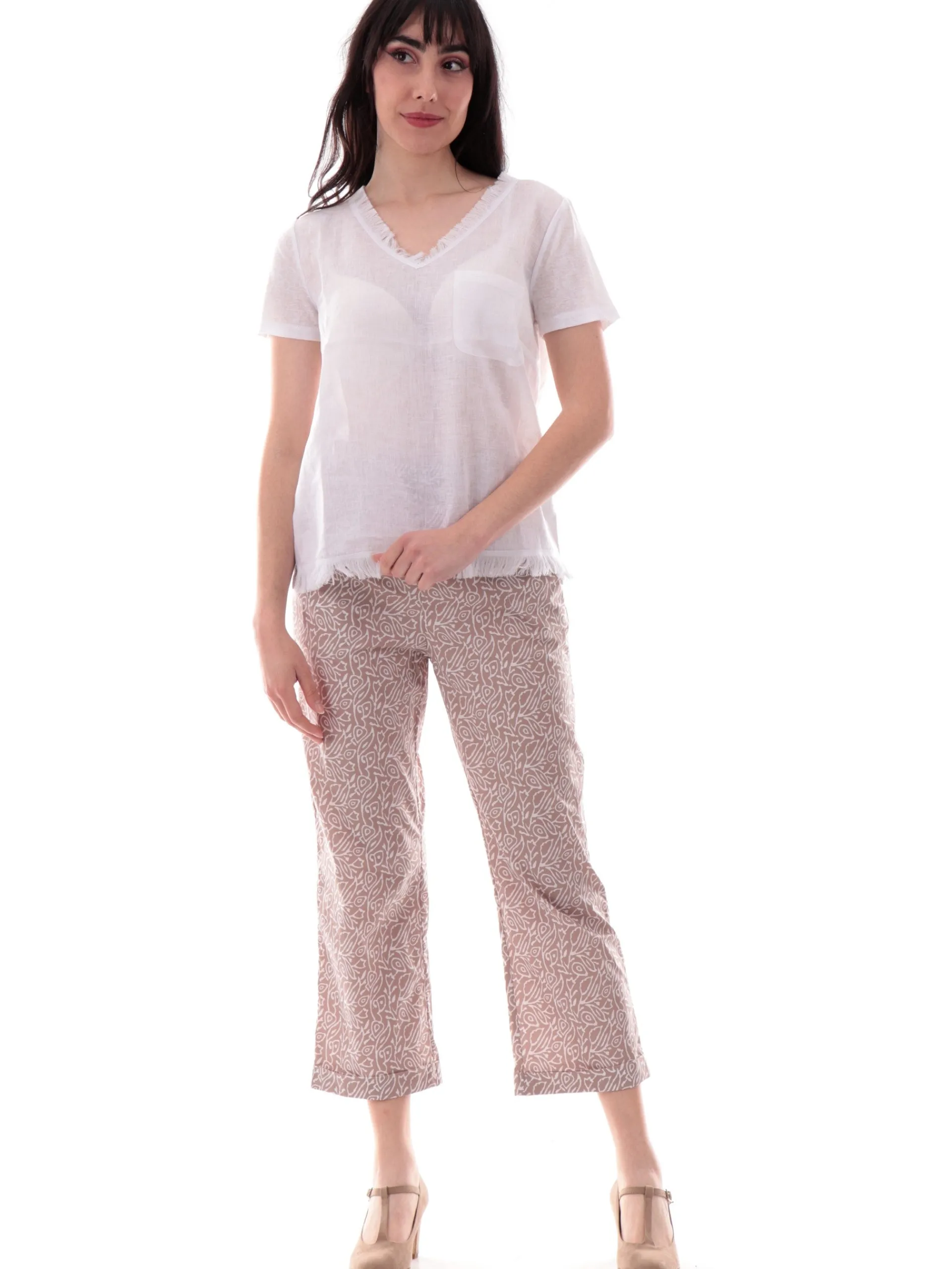 ANIS Maglie*Maglia lino scollo a V bianca da donna con inserti sfrangiati 251C1466