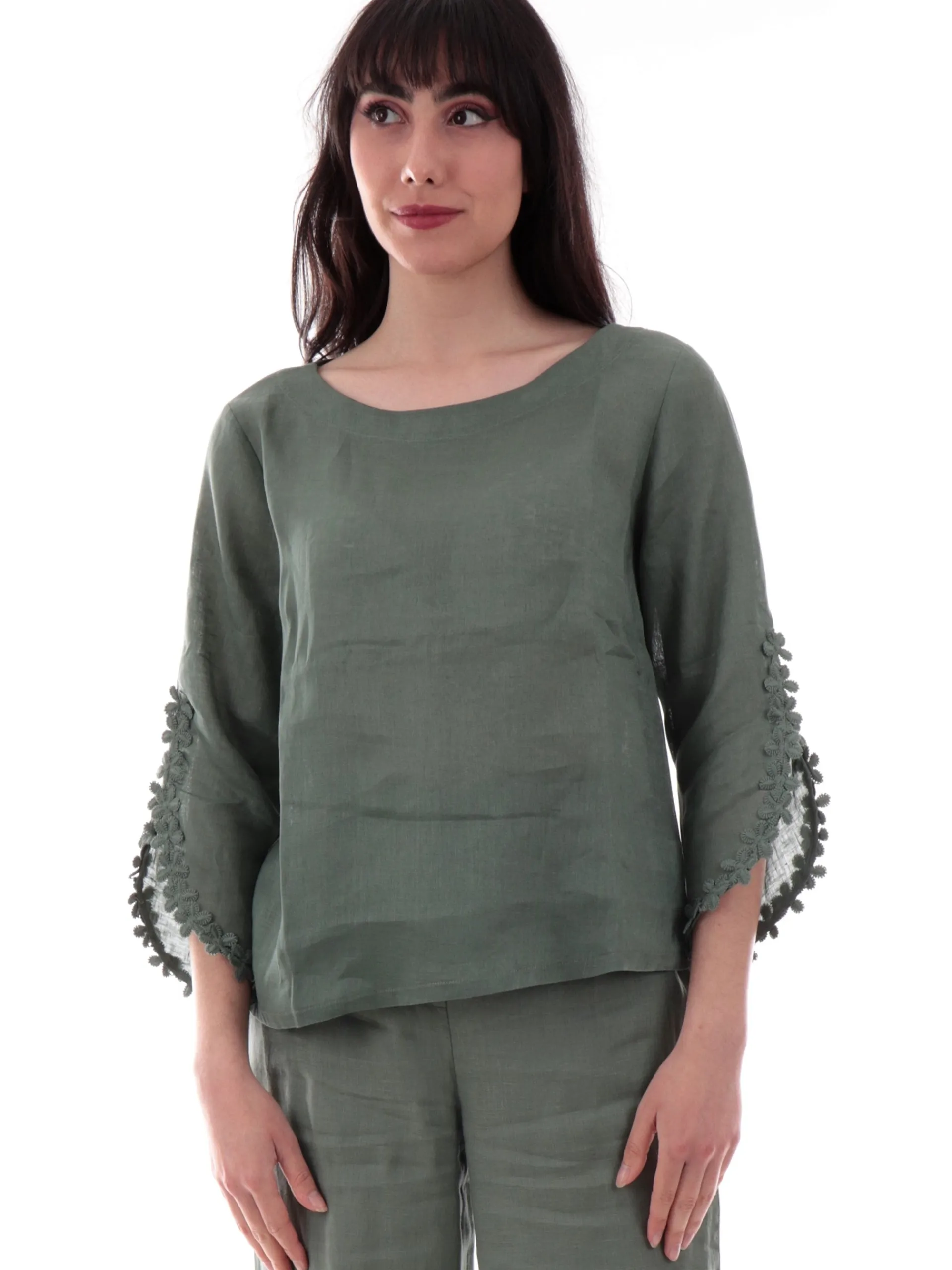 ANIS Maglie*Maglia lino verde scollo a barca da donna maniche tre quarti 251C1525