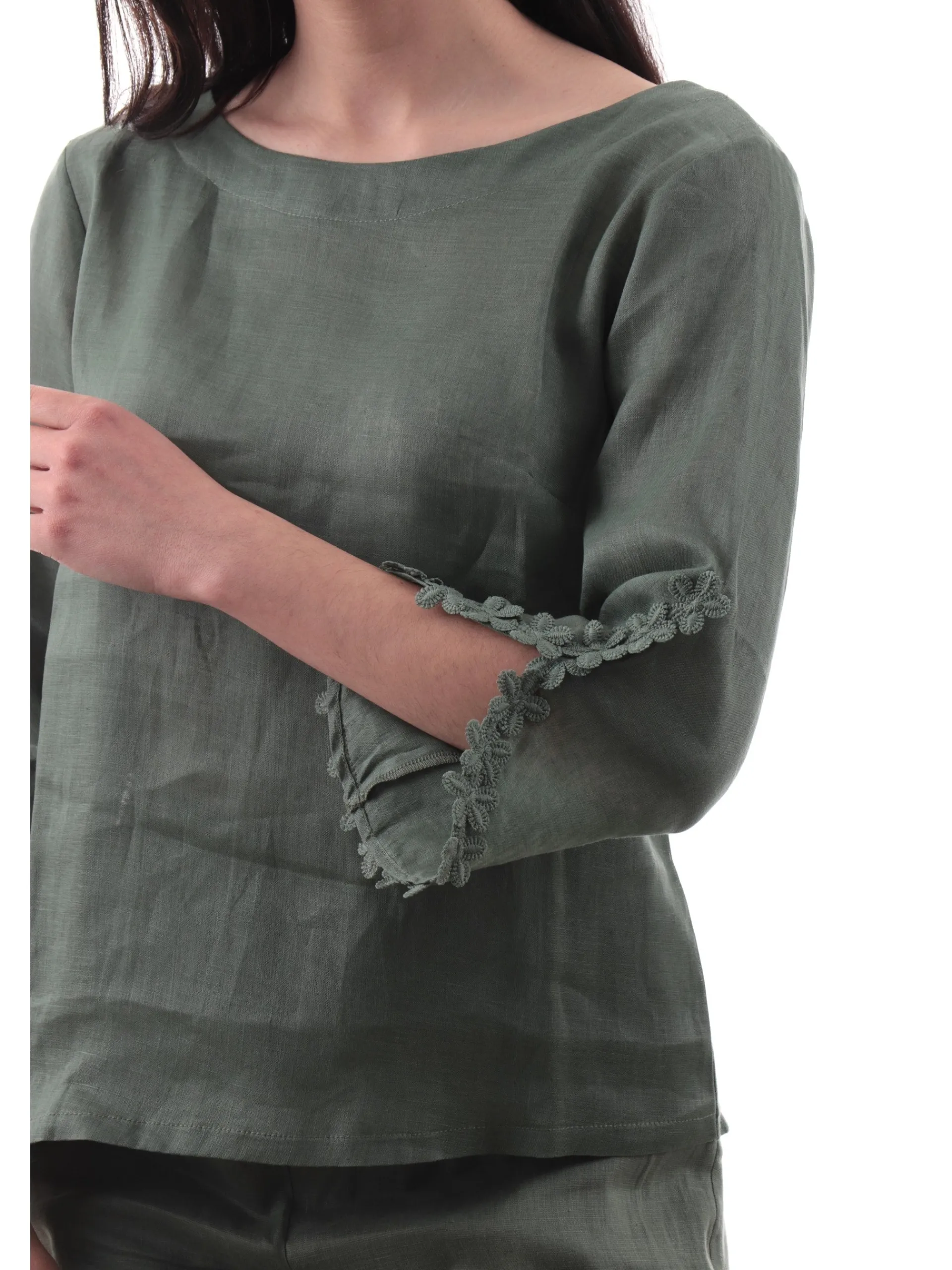 ANIS Maglie*Maglia lino verde scollo a barca da donna maniche tre quarti 251C1525