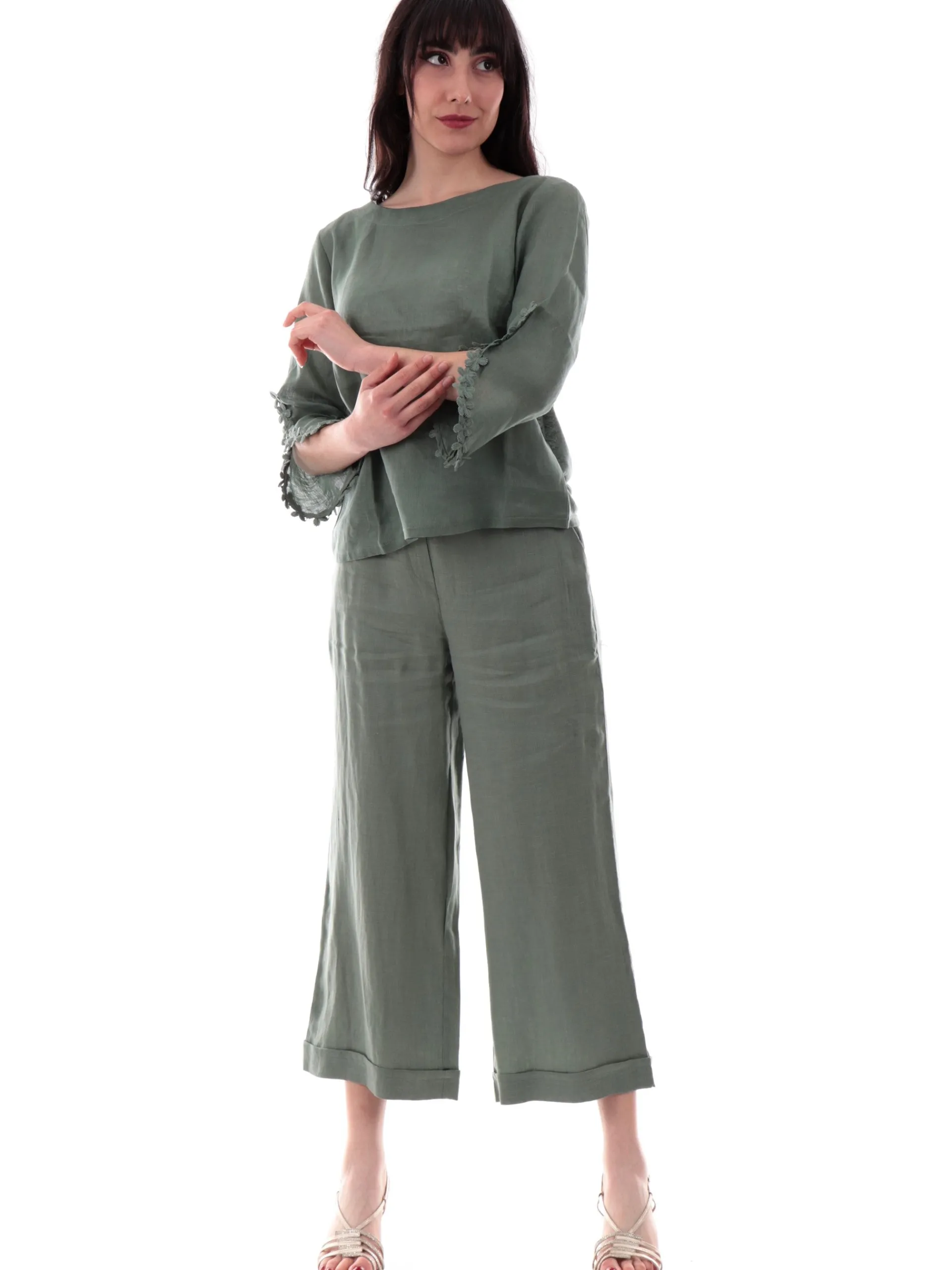 ANIS Maglie*Maglia lino verde scollo a barca da donna maniche tre quarti 251C1525