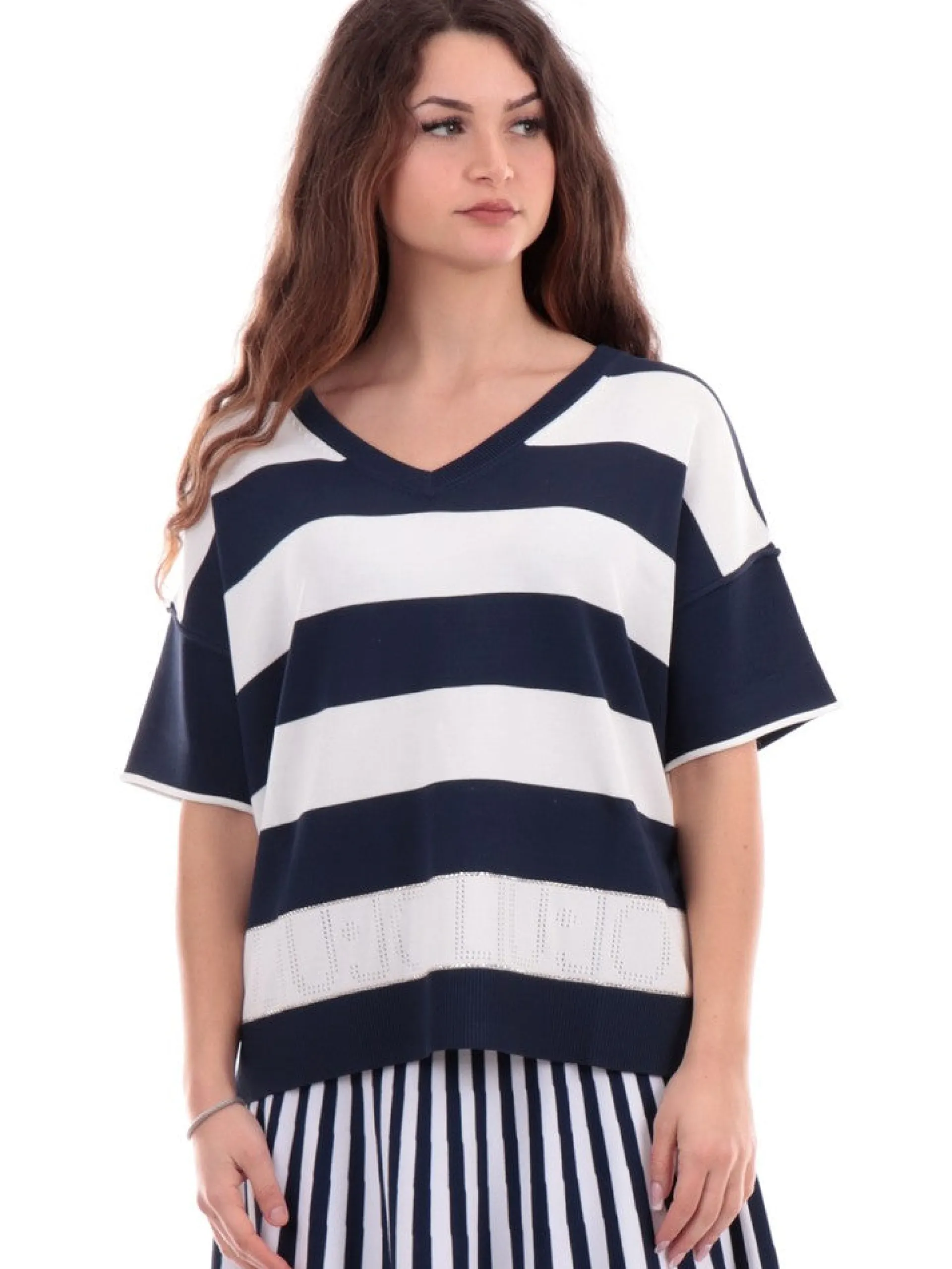 LIU JO SPORT Maglie*Maglia Liu Jo a Righe Bianche e blu da donna scollo a V TA4115MS36LD