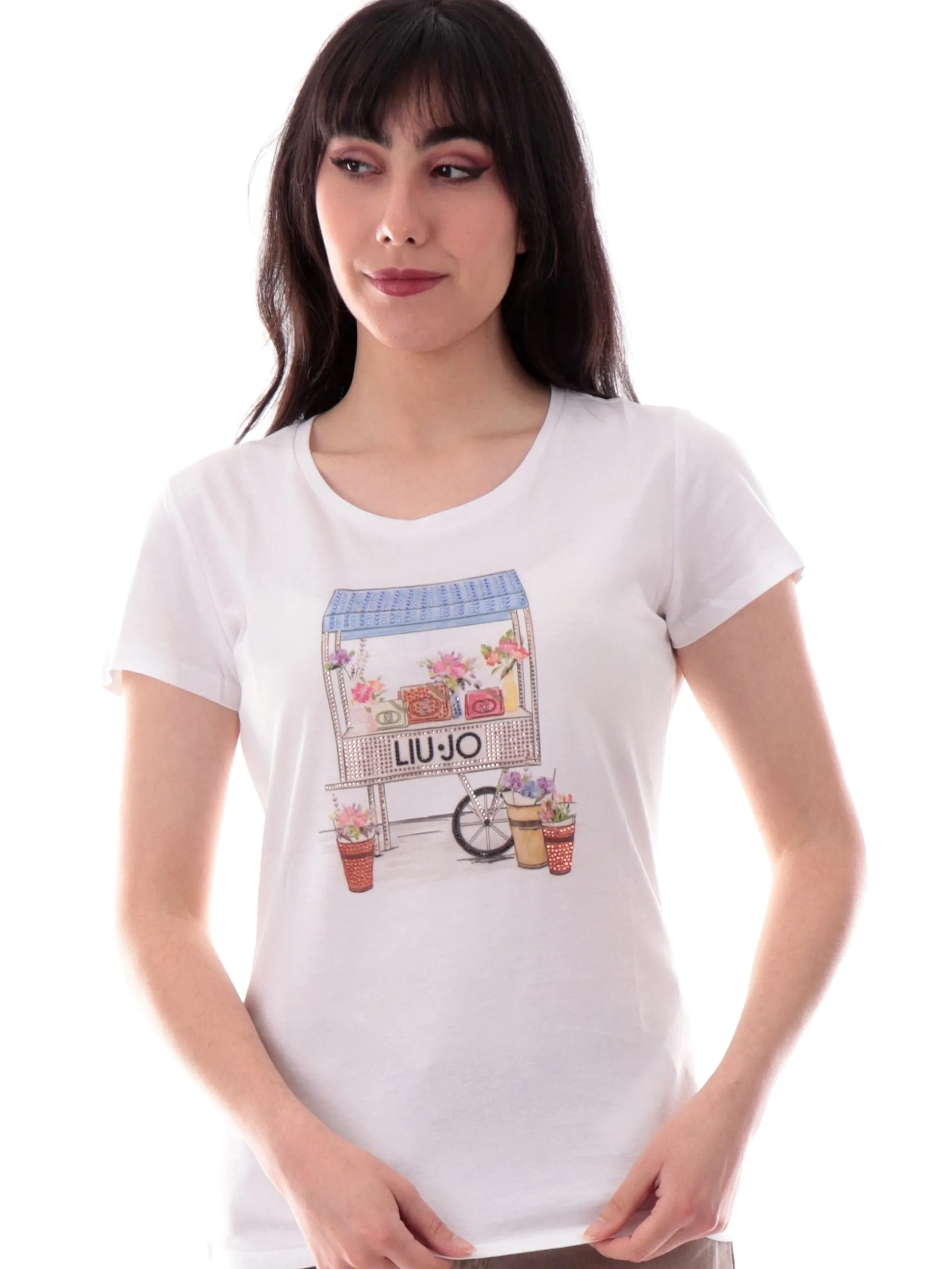 LIU JO MILANO T-Shirt*Maglia Liu Jo bianca da donna con strass carrello WA5362JS923