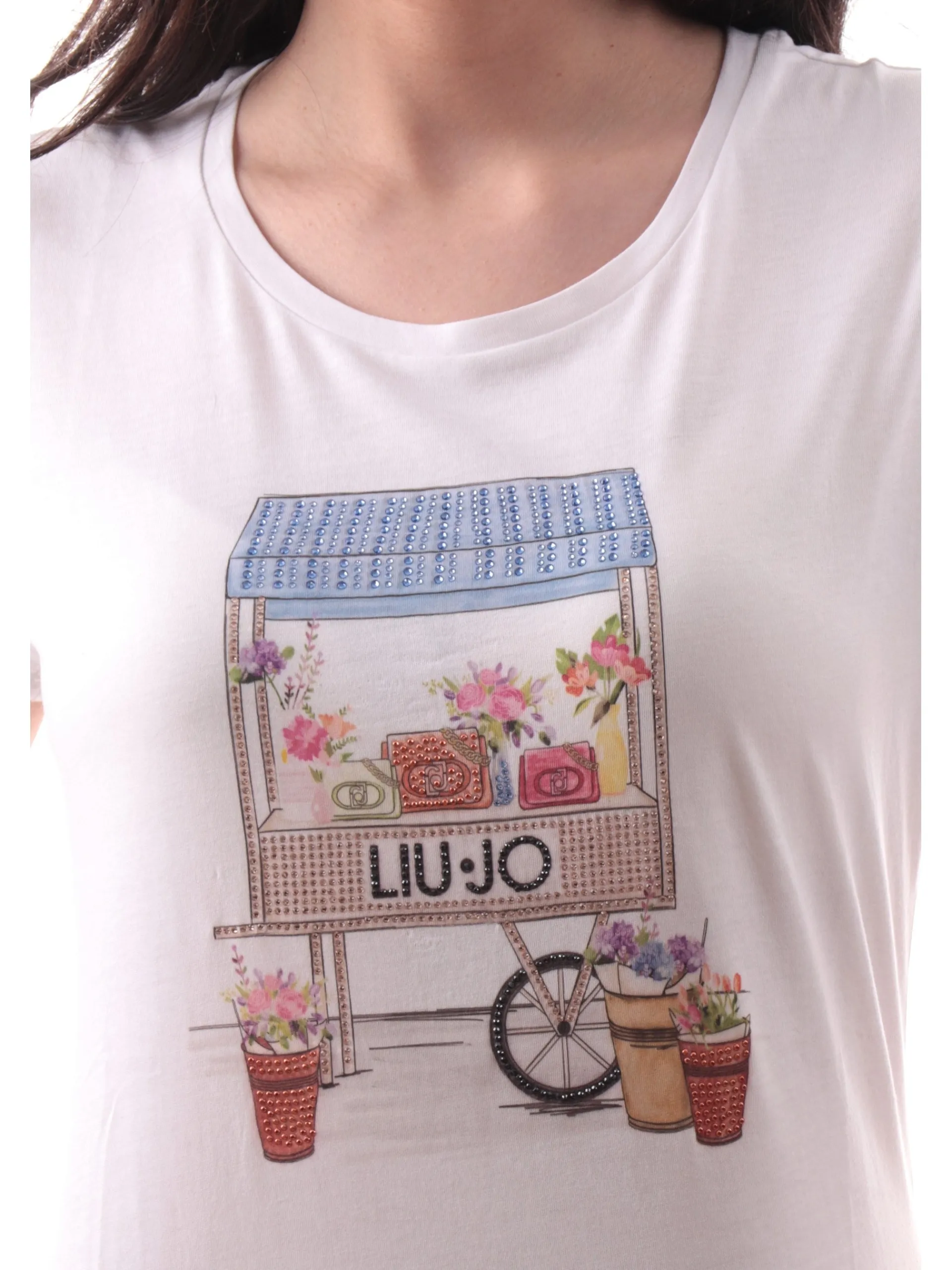LIU JO MILANO T-Shirt*Maglia Liu Jo bianca da donna con strass carrello WA5362JS923