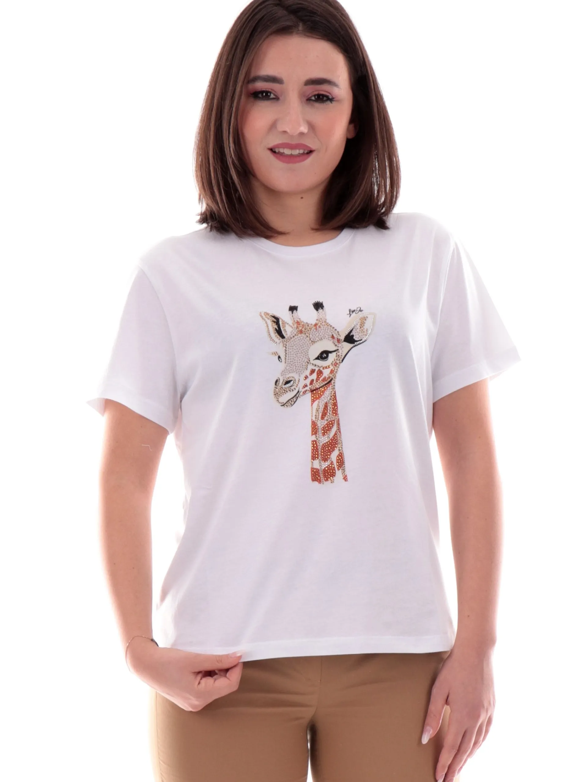 LIU JO MILANO T-Shirt*Maglia Liu Jo bianca da donna con Giraffa strass WA5230JS904M943