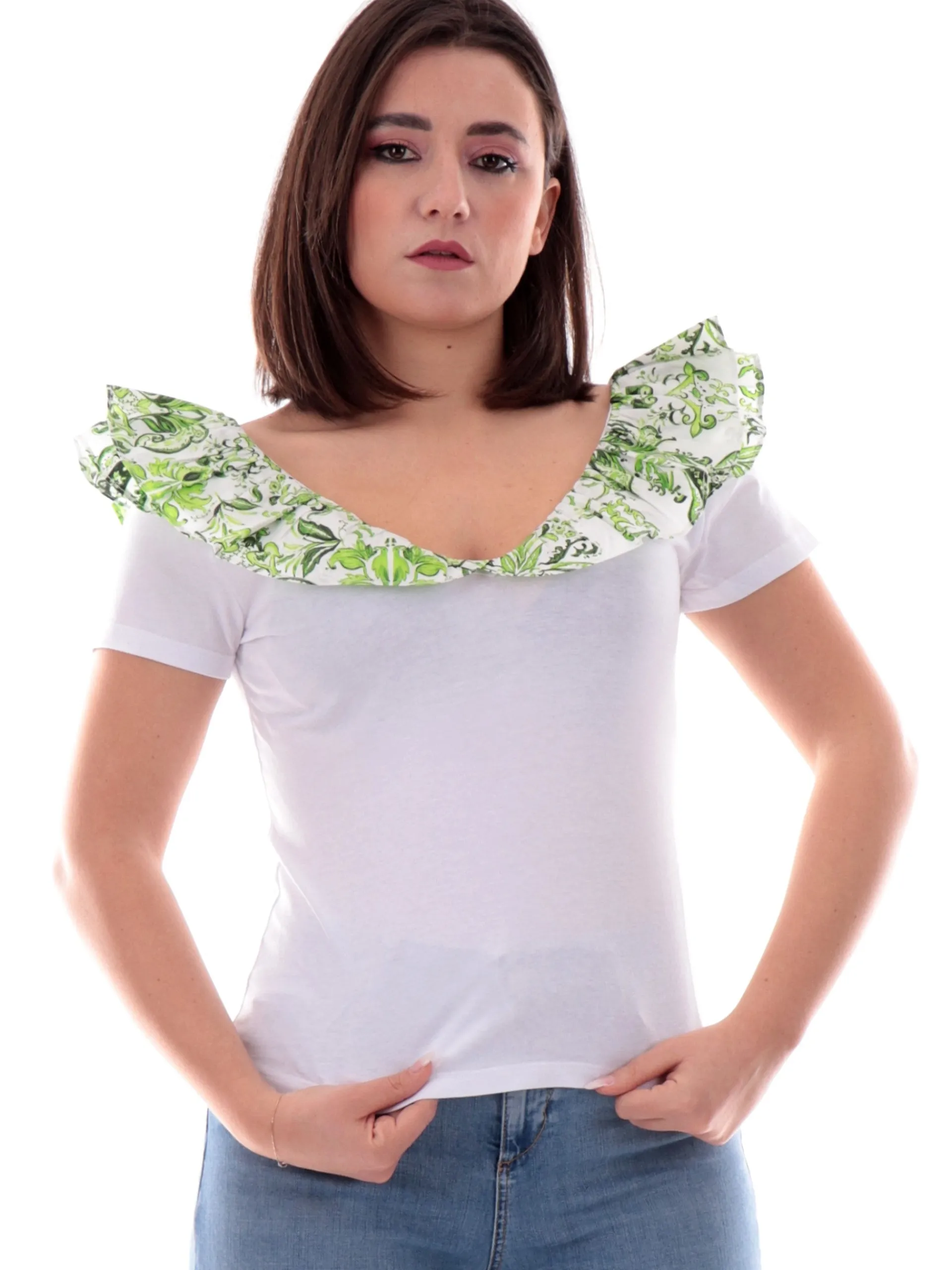 LIU JO MILANO T-Shirt*Maglia Liu Jo bianca da donna con rouches fantasia verde e scollo a V WA5364J6308