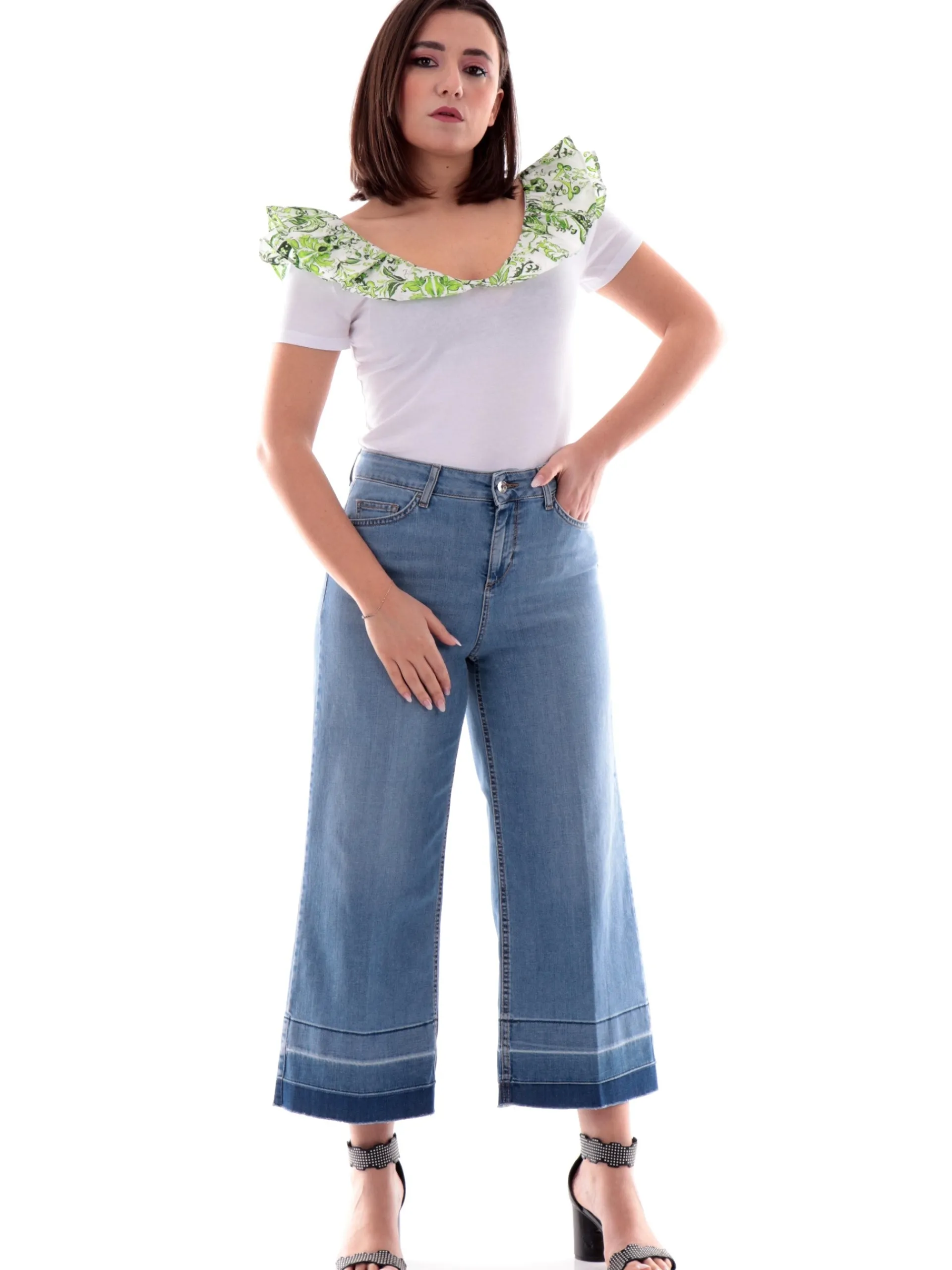 LIU JO MILANO T-Shirt*Maglia Liu Jo bianca da donna con rouches fantasia verde e scollo a V WA5364J6308