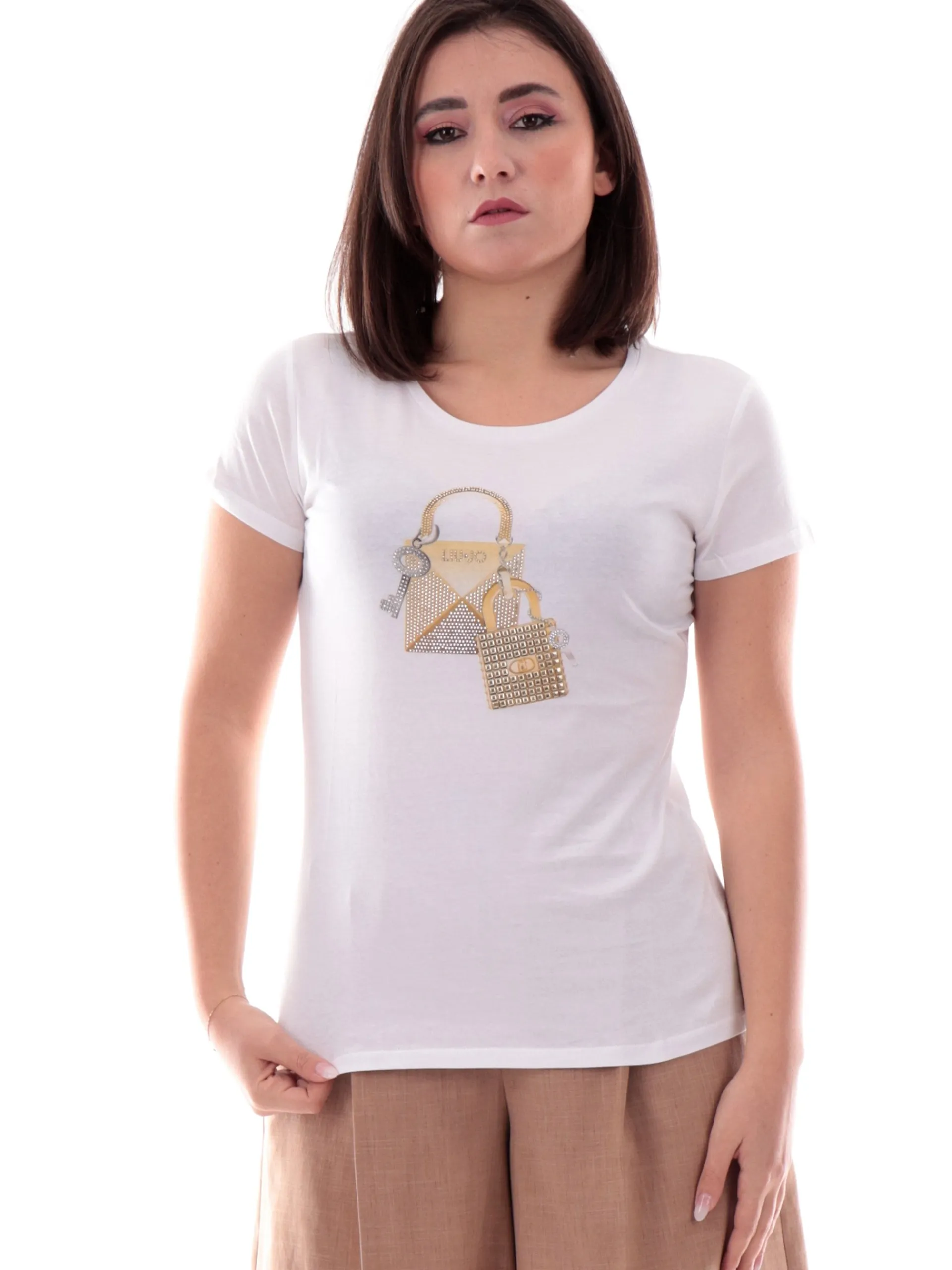 LIU JO MILANO T-Shirt*Maglia Liu Jo bianca da donna con strass borsa WA5362JS923