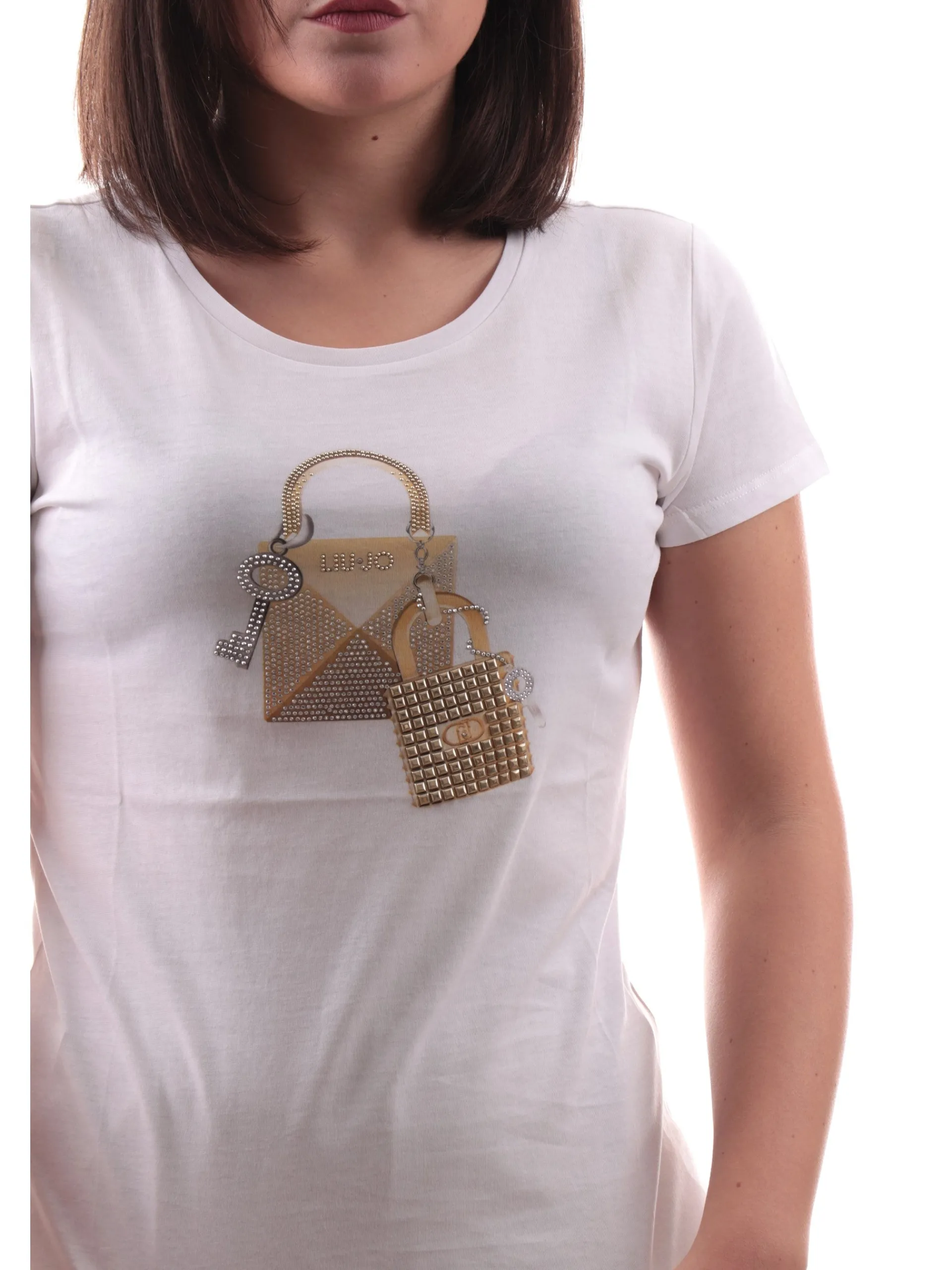 LIU JO MILANO T-Shirt*Maglia Liu Jo bianca da donna con strass borsa WA5362JS923