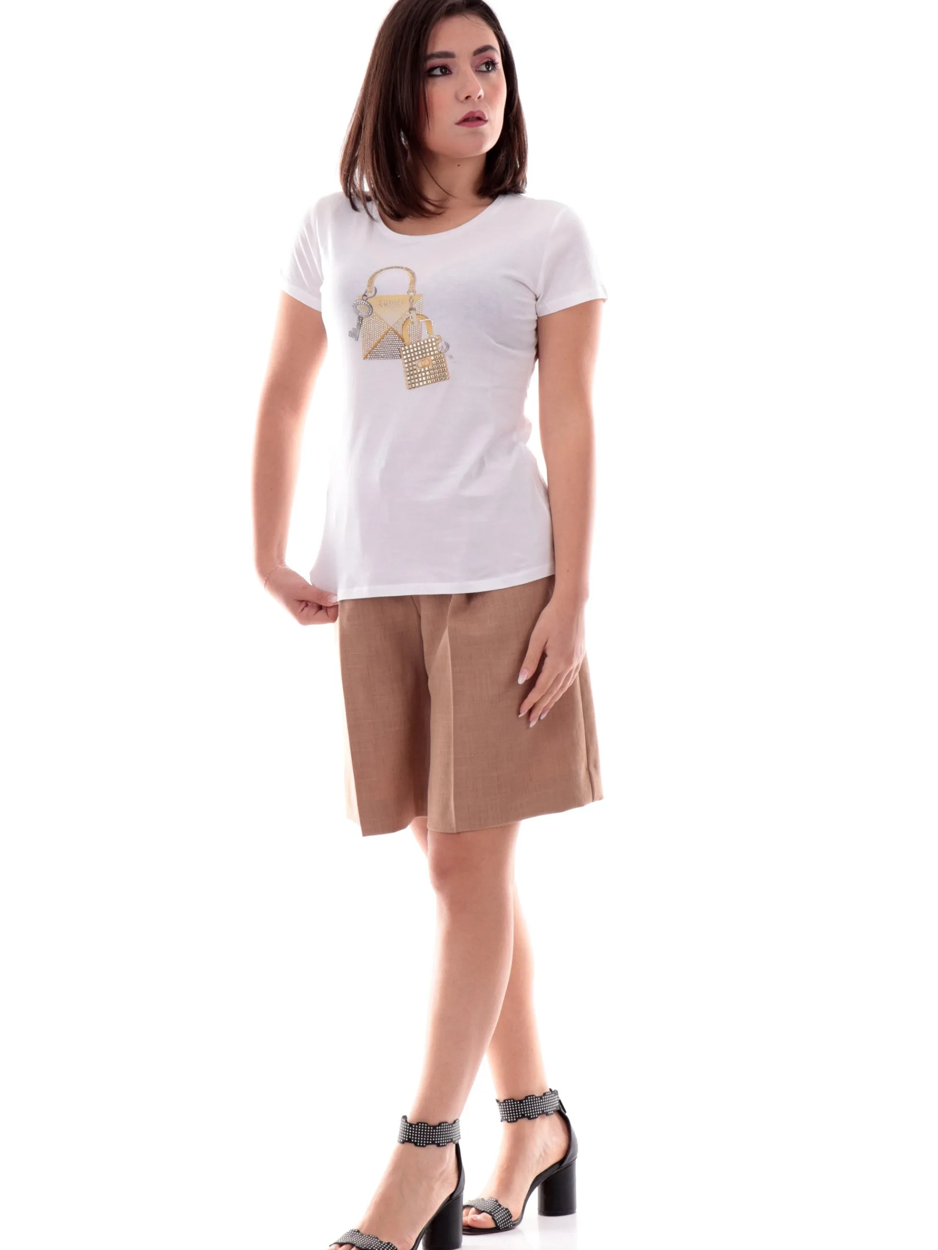 LIU JO MILANO T-Shirt*Maglia Liu Jo bianca da donna con strass borsa WA5362JS923