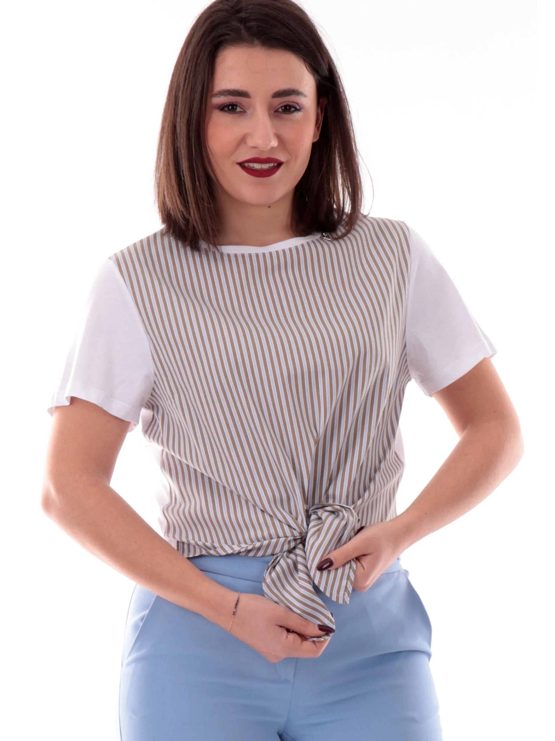 LIU JO MILANO T-Shirt*Maglia Liu Jo Donna doppio tessuto a righe con nodo WA5157J6308M9521