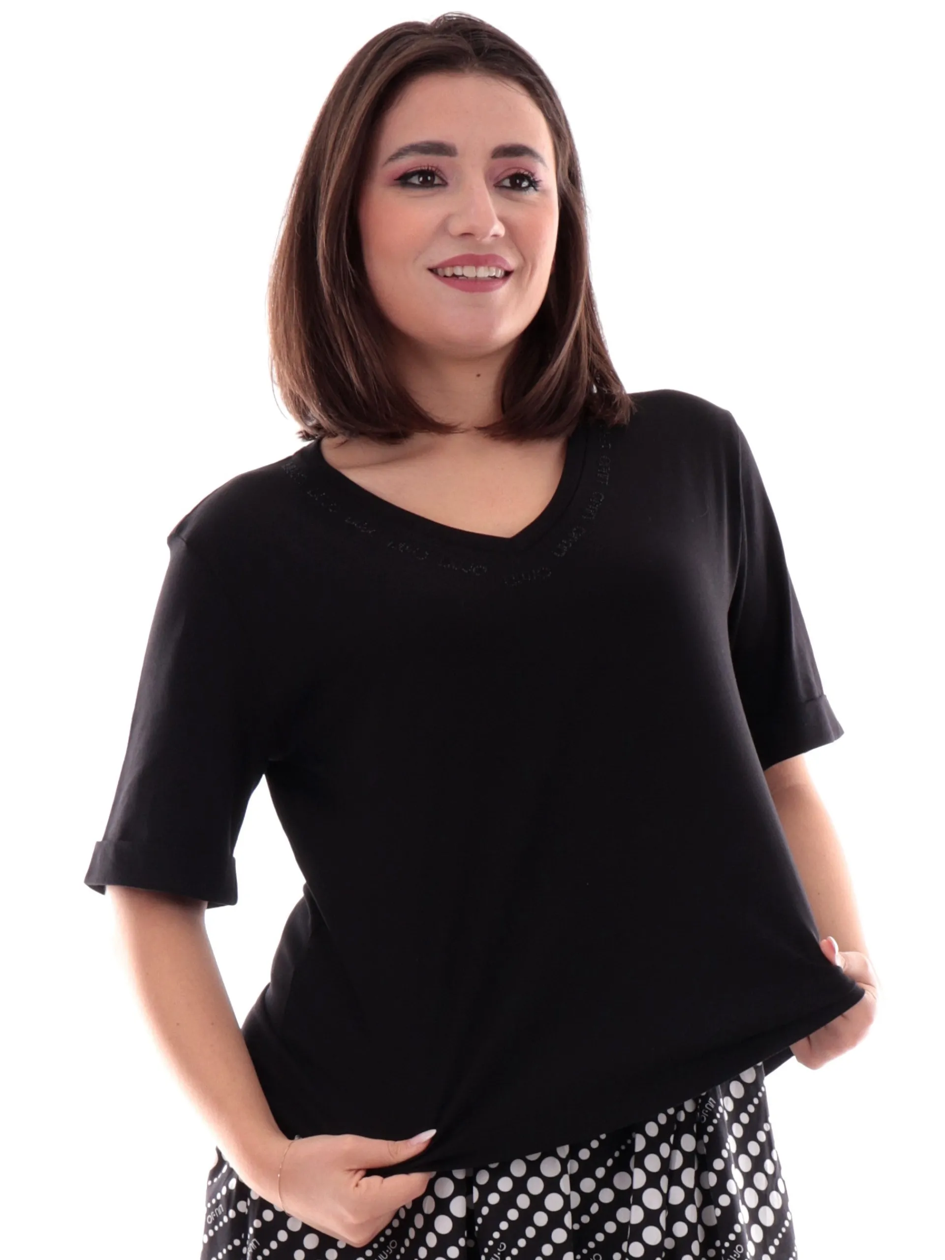 LIU JO SPORT T-Shirt*Maglia Liu Jo donna scollo a v nera con scritta logo strass TA5175JS923