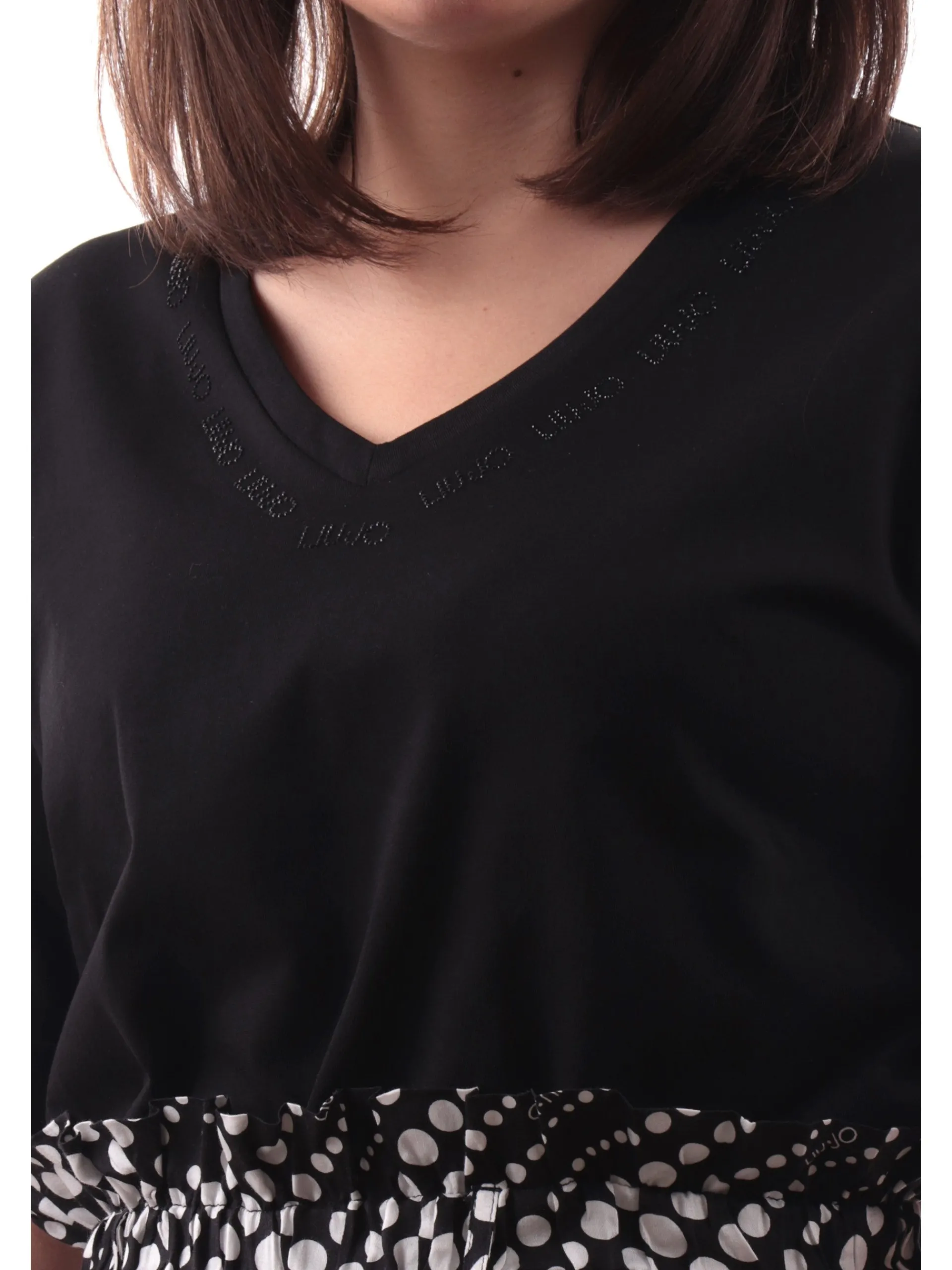 LIU JO SPORT T-Shirt*Maglia Liu Jo donna scollo a v nera con scritta logo strass TA5175JS923