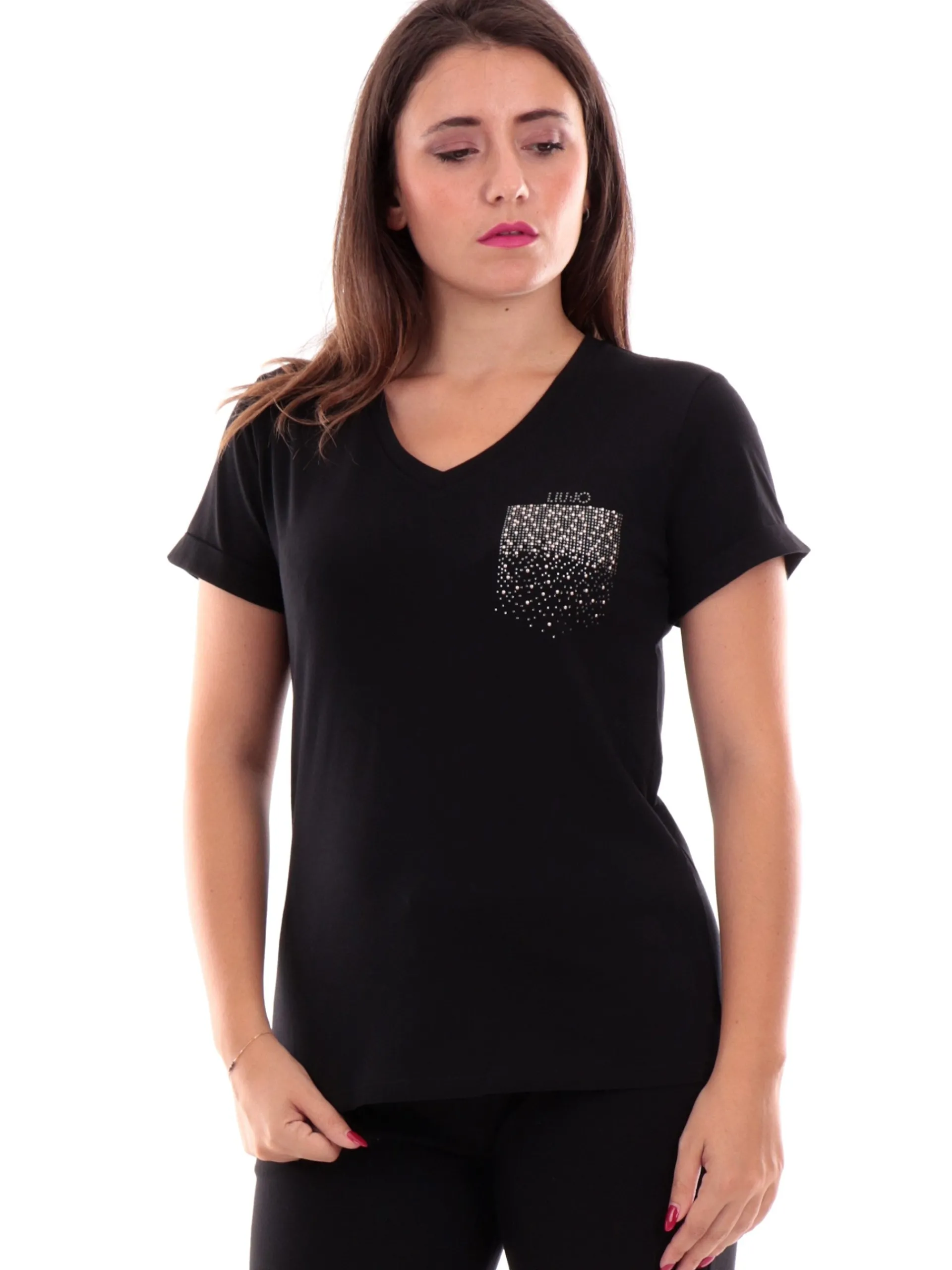 LIU JO SPORT T-Shirt*Maglia Liu Jo Nera da donna con taschino strass TF4078J6040N