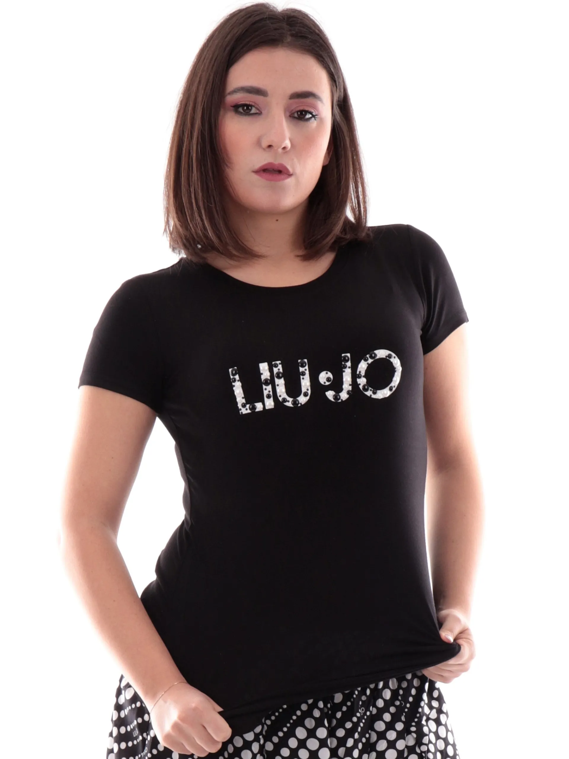 LIU JO MILANO T-Shirt*Maglia Liu Jo nera girocollo da donna logo con strass VA5156JS360