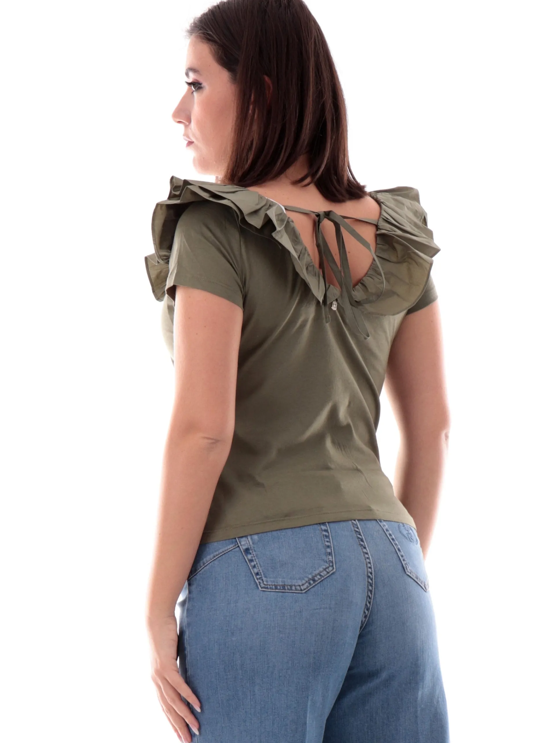 LIU JO MILANO T-Shirt*Maglia Liu Jo verde militare da donna con rouches fantasia verde e scollo a V WA5364J6308